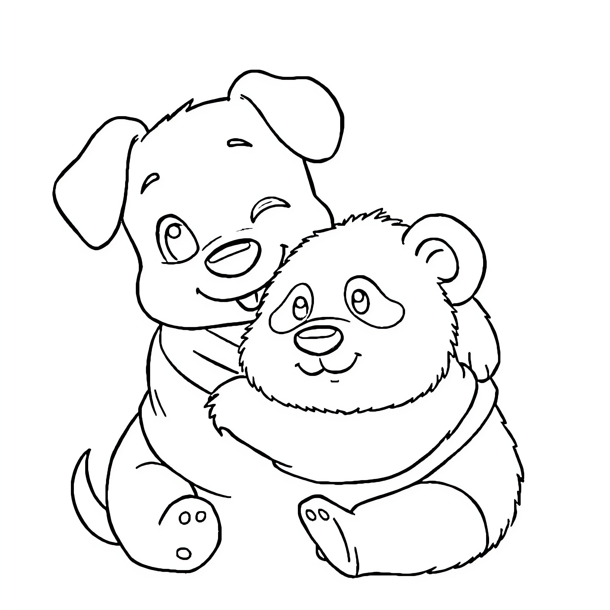Sausage Dog and Panda Playing Together Coloring Page (free black-and-white line drawing printable PDF for all, from beginners to advanced learners, including children, teens, adults, and seniors)