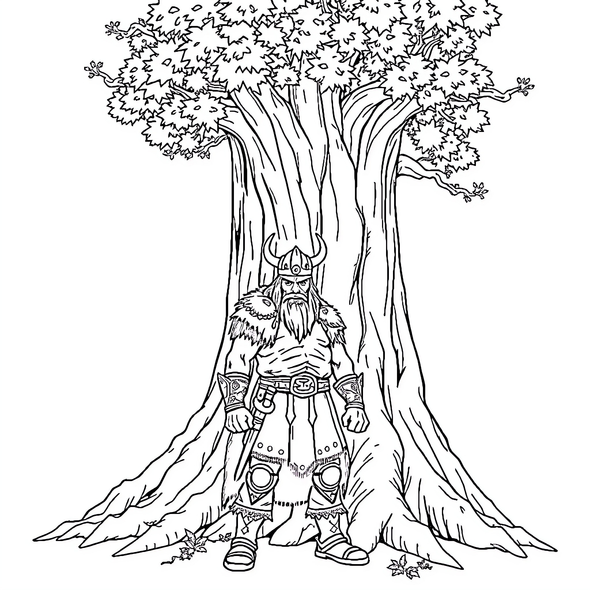 Viking warrior guarding the ancient forest Coloring Page (free black-and-white line drawing printable PDF for all, from beginners to advanced learners, including children, teens, adults, and seniors)