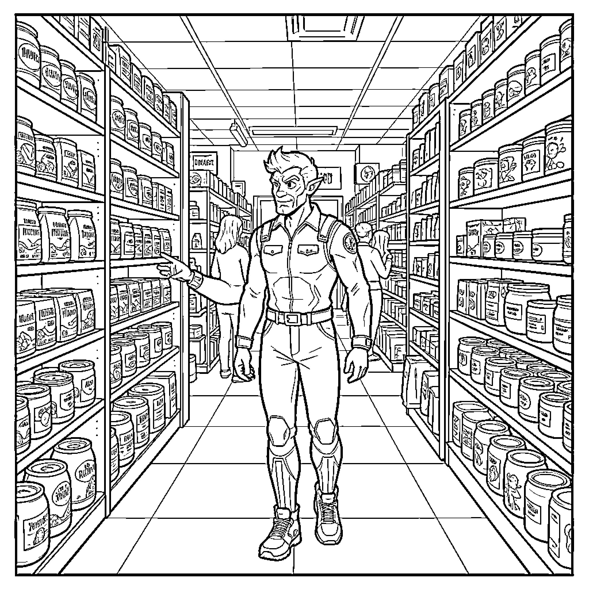 Huntrix walking through a grocery store aisle Coloring Page (free black-and-white line drawing printable PDF for all, from beginners to advanced learners, including children, teens, adults, and seniors)