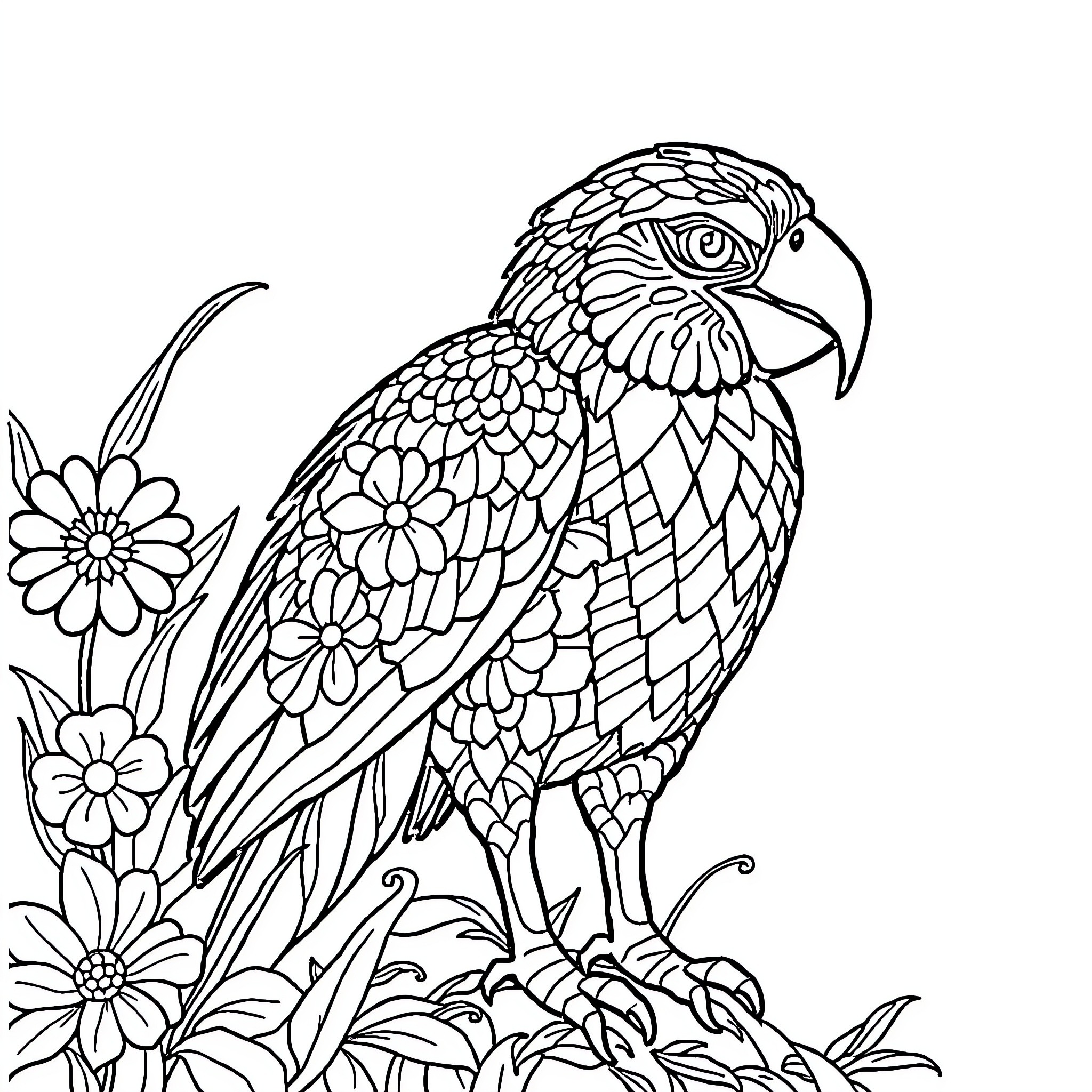 Caratula of a Parrot with Floral Decorations Coloring Page (free black-and-white line drawing printable PDF for all, from beginners to advanced learners, including children, teens, adults, and seniors)