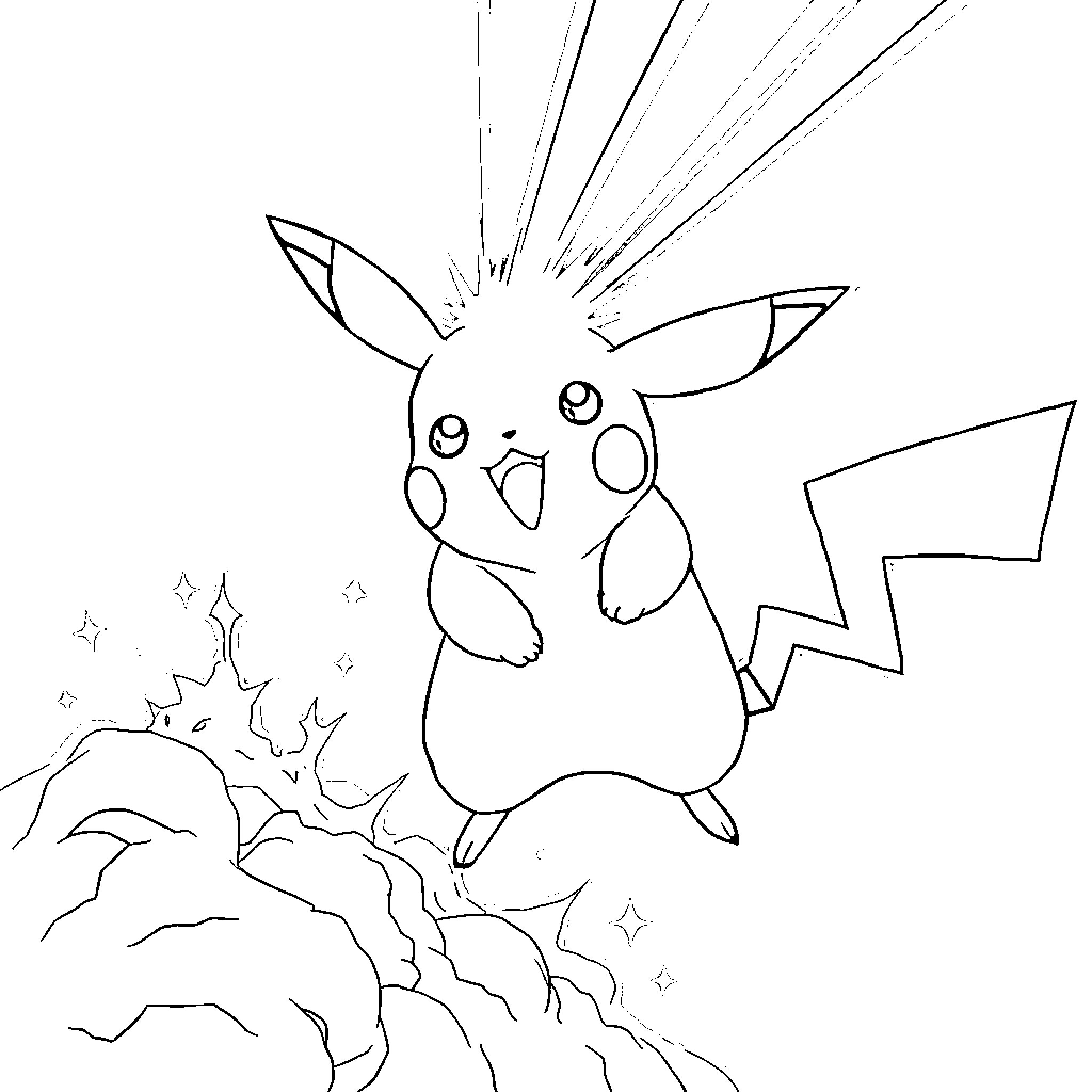 Pikachu unleashing electric attack in the sky Coloring Page (free black-and-white line drawing printable PDF for all, from beginners to advanced learners, including children, teens, adults, and seniors)