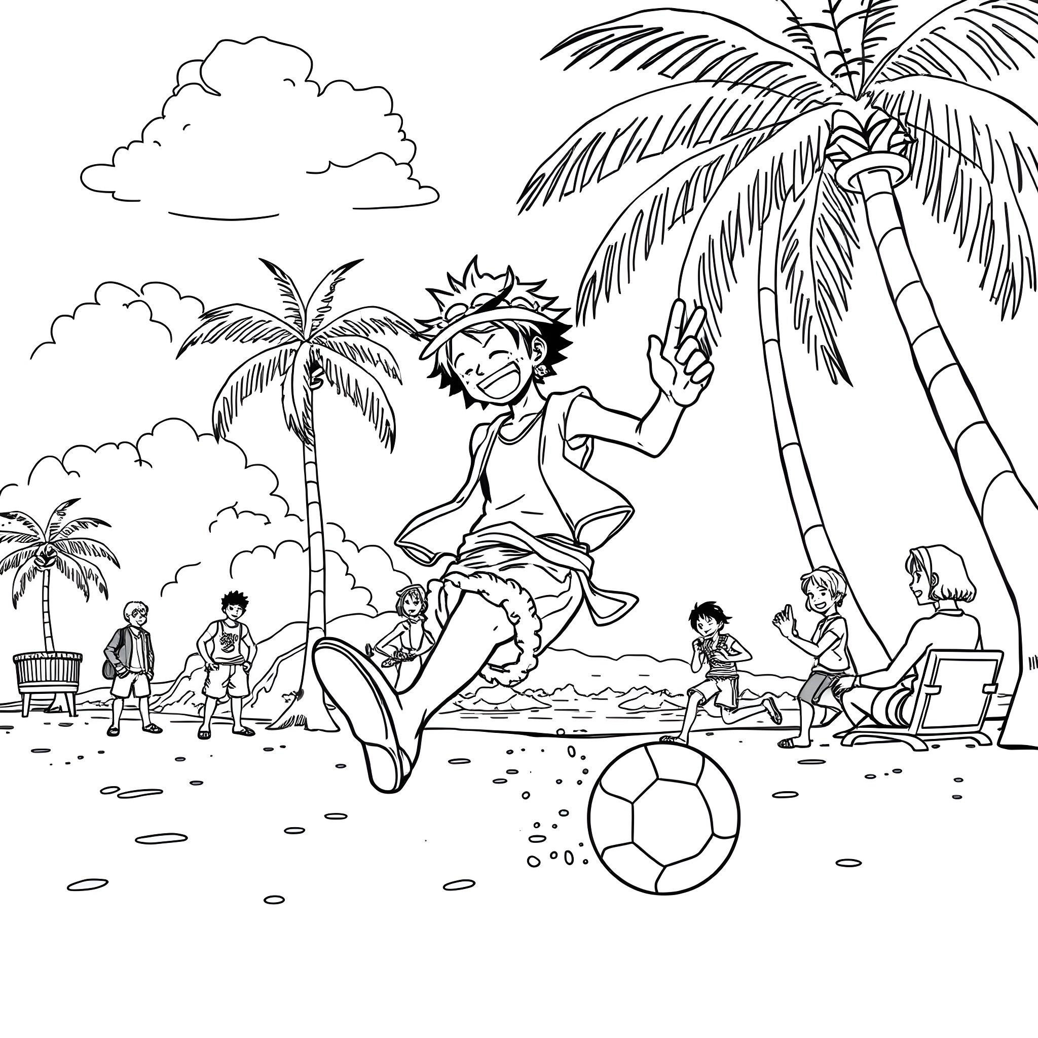 Luffy's Tropical Beach Adventure Coloring Page (free black-and-white line drawing printable PDF for all, from beginners to advanced learners, including children, teens, adults, and seniors)