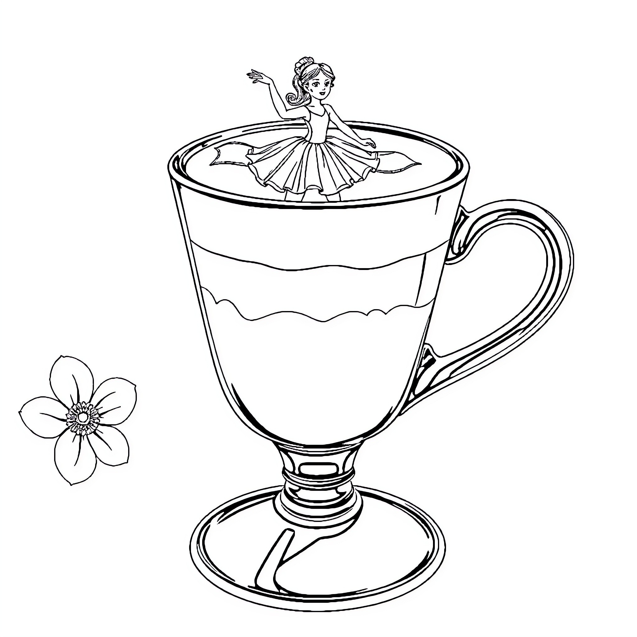 Ballerina dancing gracefully in a tea cup Coloring Page (free black-and-white line drawing printable PDF for all, from beginners to advanced learners, including children, teens, adults, and seniors)