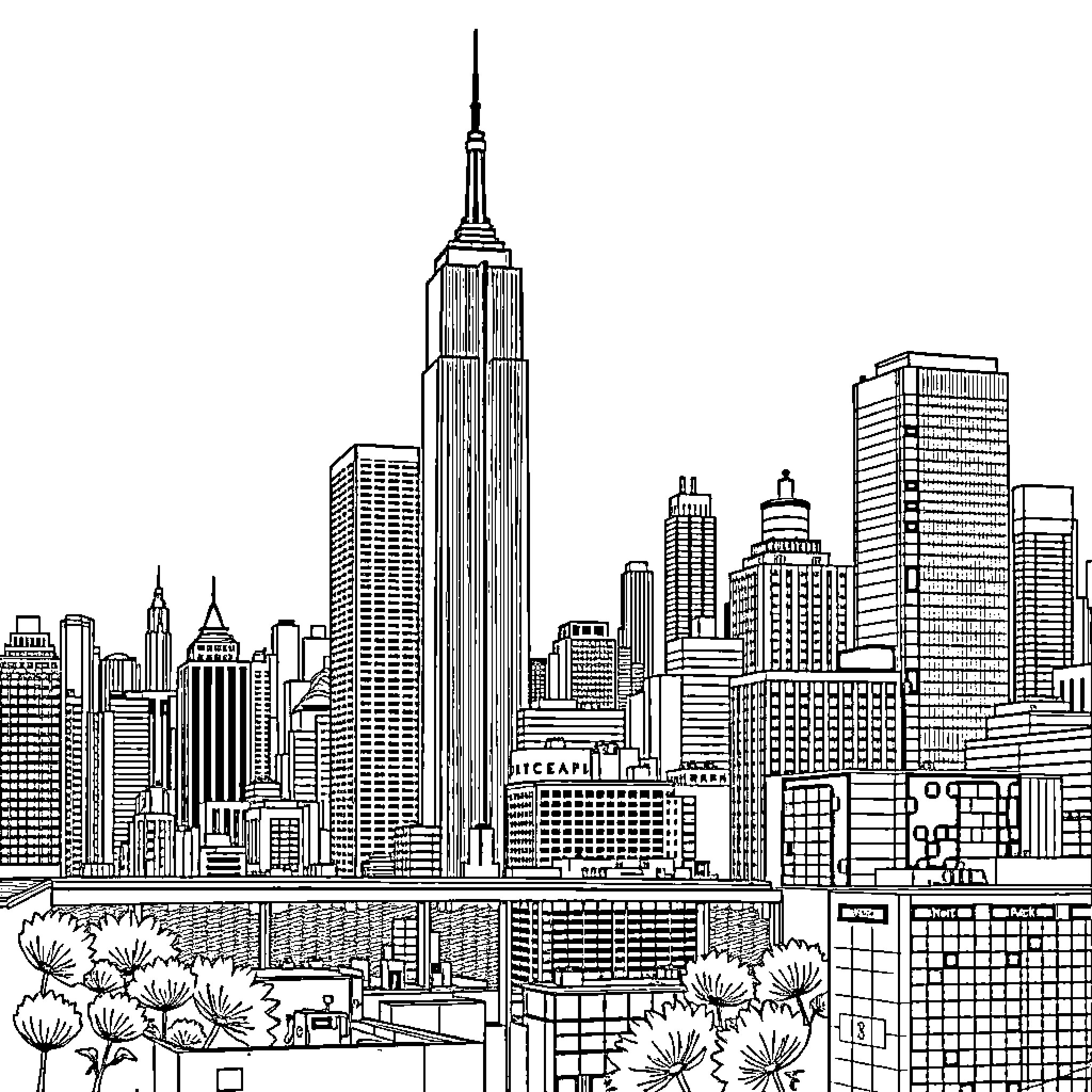 Skyscraper cityscape with busy urban scene Coloring Page (free black-and-white line drawing printable PDF for all, from beginners to advanced learners, including children, teens, adults, and seniors)