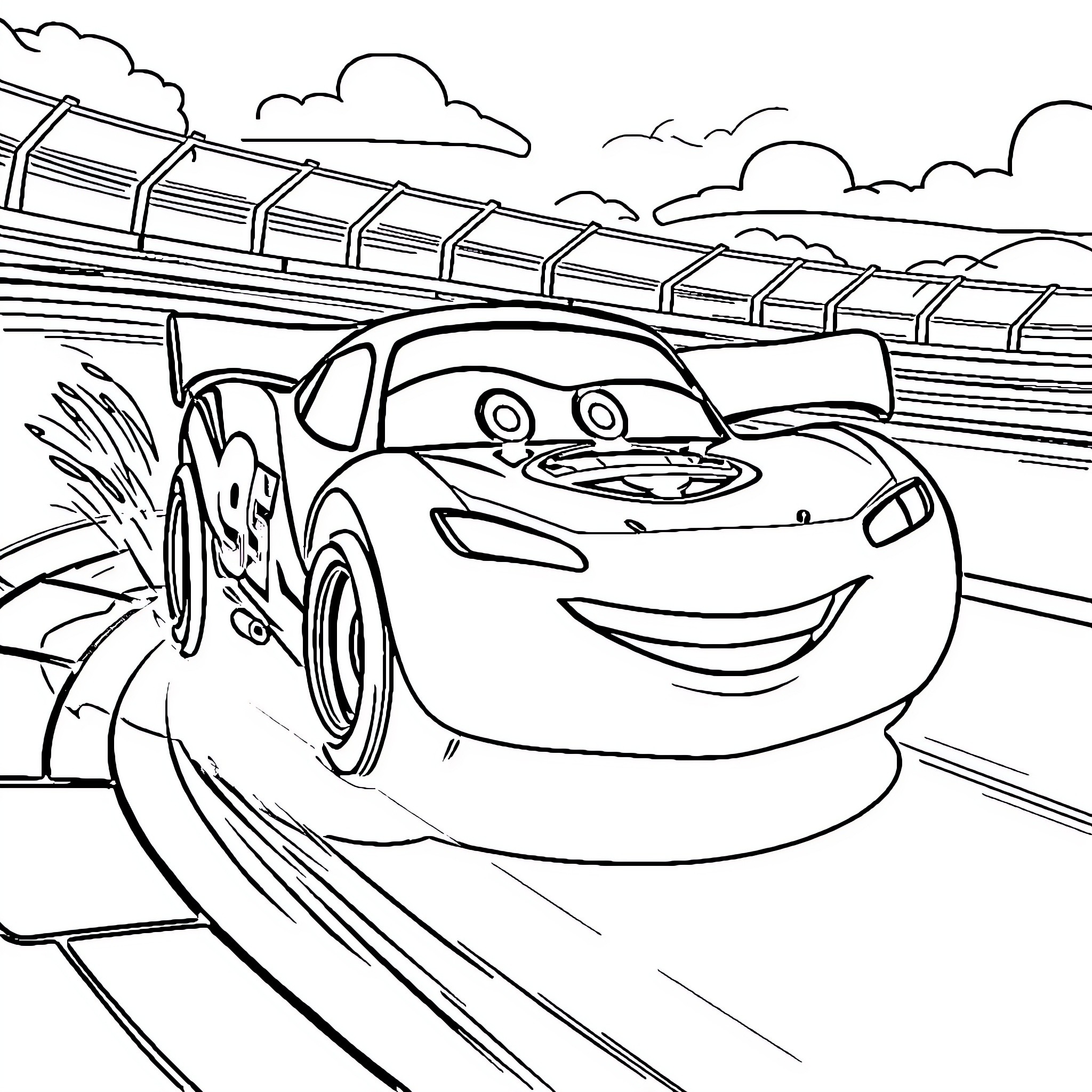 Flash McQueen racing on the track Coloring Page (free black-and-white line drawing printable PDF for all, from beginners to advanced learners, including children, teens, adults, and seniors)