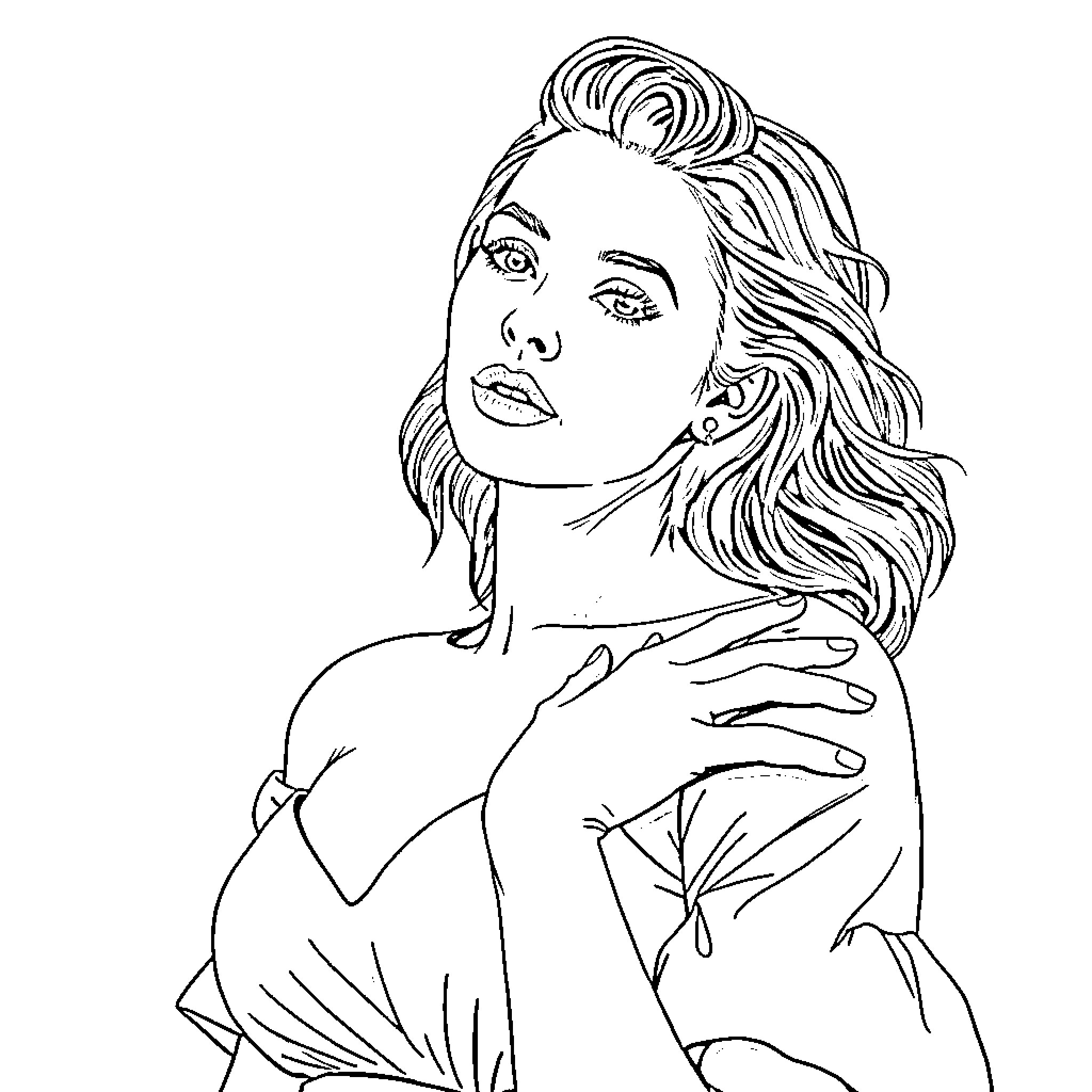 Sydney Sweeney in a pensive pose Coloring Page (free black-and-white line drawing printable PDF for all, from beginners to advanced learners, including children, teens, adults, and seniors)