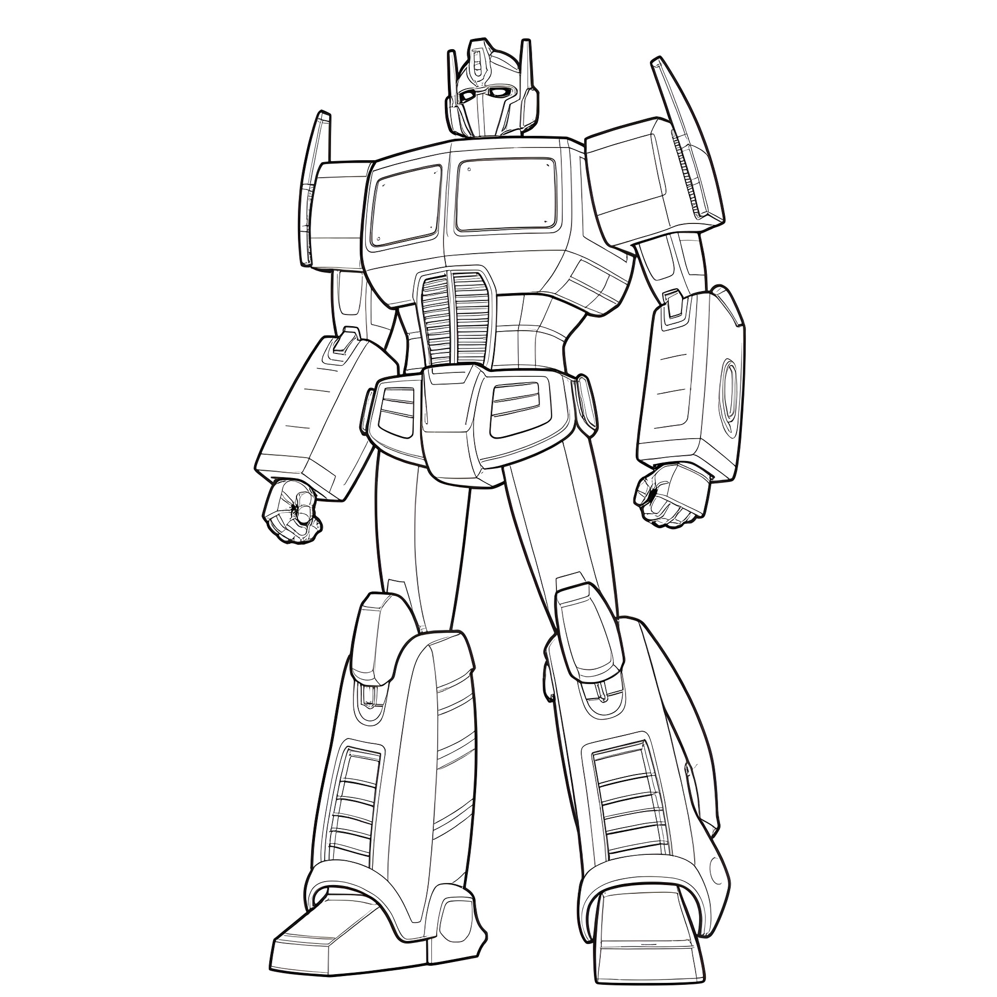 Optimus Prime Transforming Robot in Action Coloring Page (free black-and-white line drawing printable PDF for all, from beginners to advanced learners, including children, teens, adults, and seniors)
