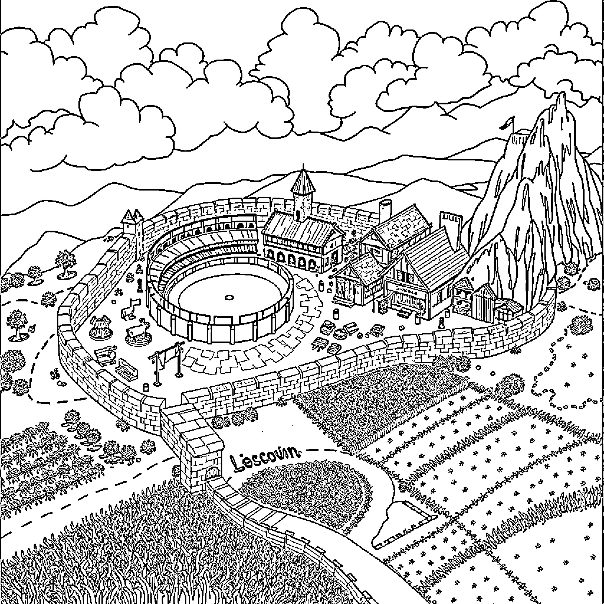 Map of a Fantastical Medieval Castle Town Coloring Page (free black-and-white line drawing printable PDF for all, from beginners to advanced learners, including children, teens, adults, and seniors)