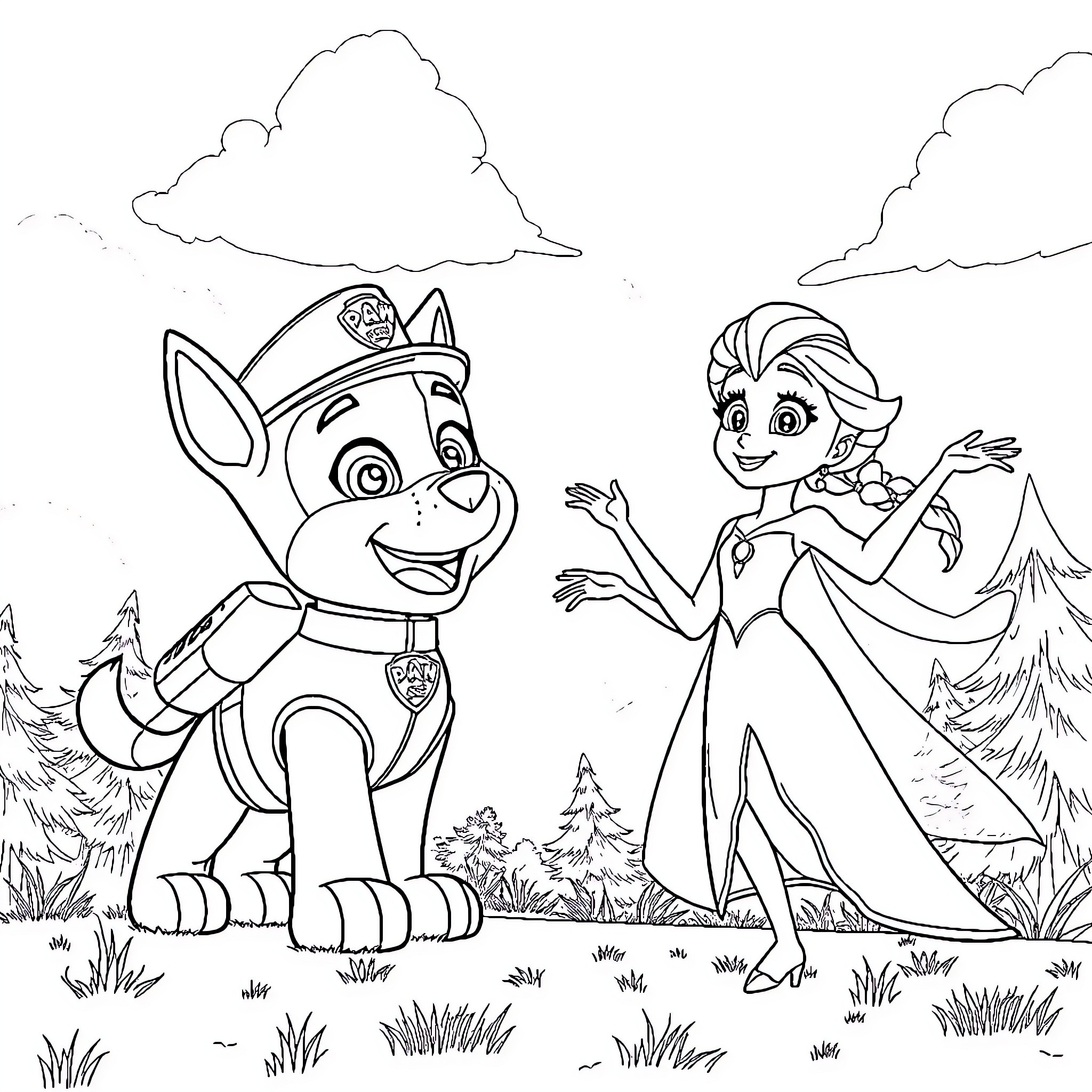 Sky adventure with heroic pup and magical princess Coloring Page (free black-and-white line drawing printable PDF for all, from beginners to advanced learners, including children, teens, adults, and seniors)