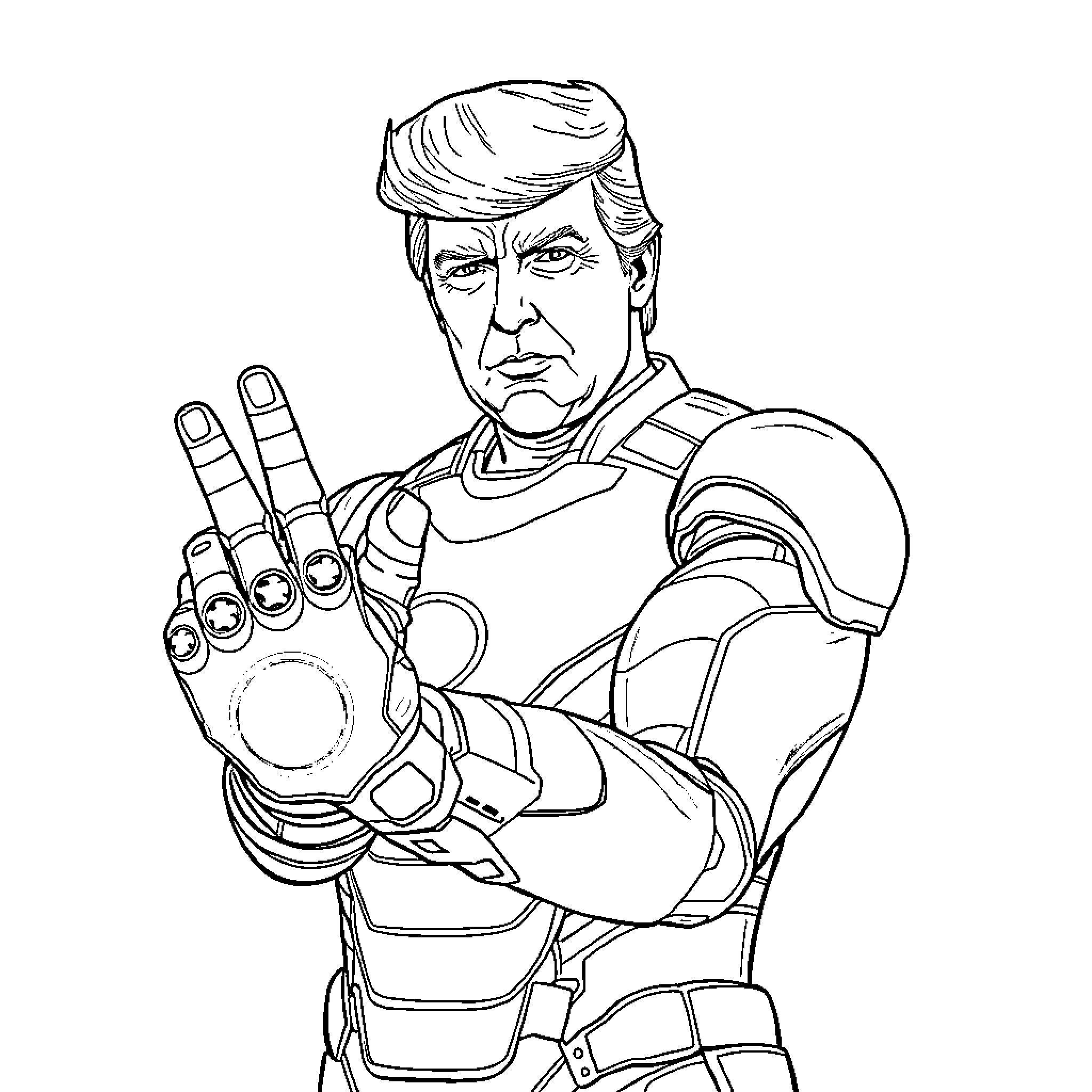 Donald Trump as a sci-fi action hero Coloring Page (free black-and-white line drawing printable PDF for all, from beginners to advanced learners, including children, teens, adults, and seniors)