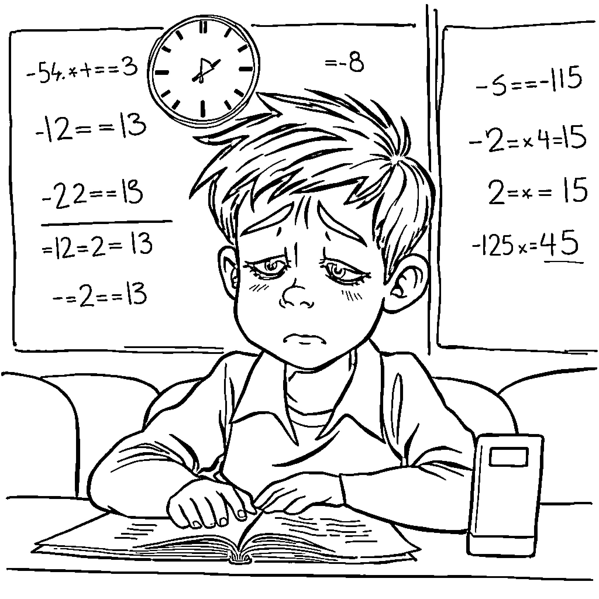 Kid Struggling with Math Problems in Classroom Coloring Page (free black-and-white line drawing printable PDF for all, from beginners to advanced learners, including children, teens, adults, and seniors)
