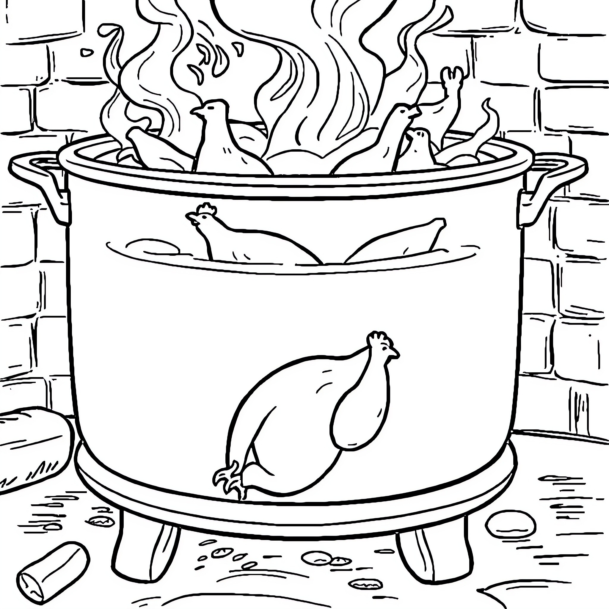 Chickens cooking in a boiling pot Coloring Page (free black-and-white line drawing printable PDF for all, from beginners to advanced learners, including children, teens, adults, and seniors)