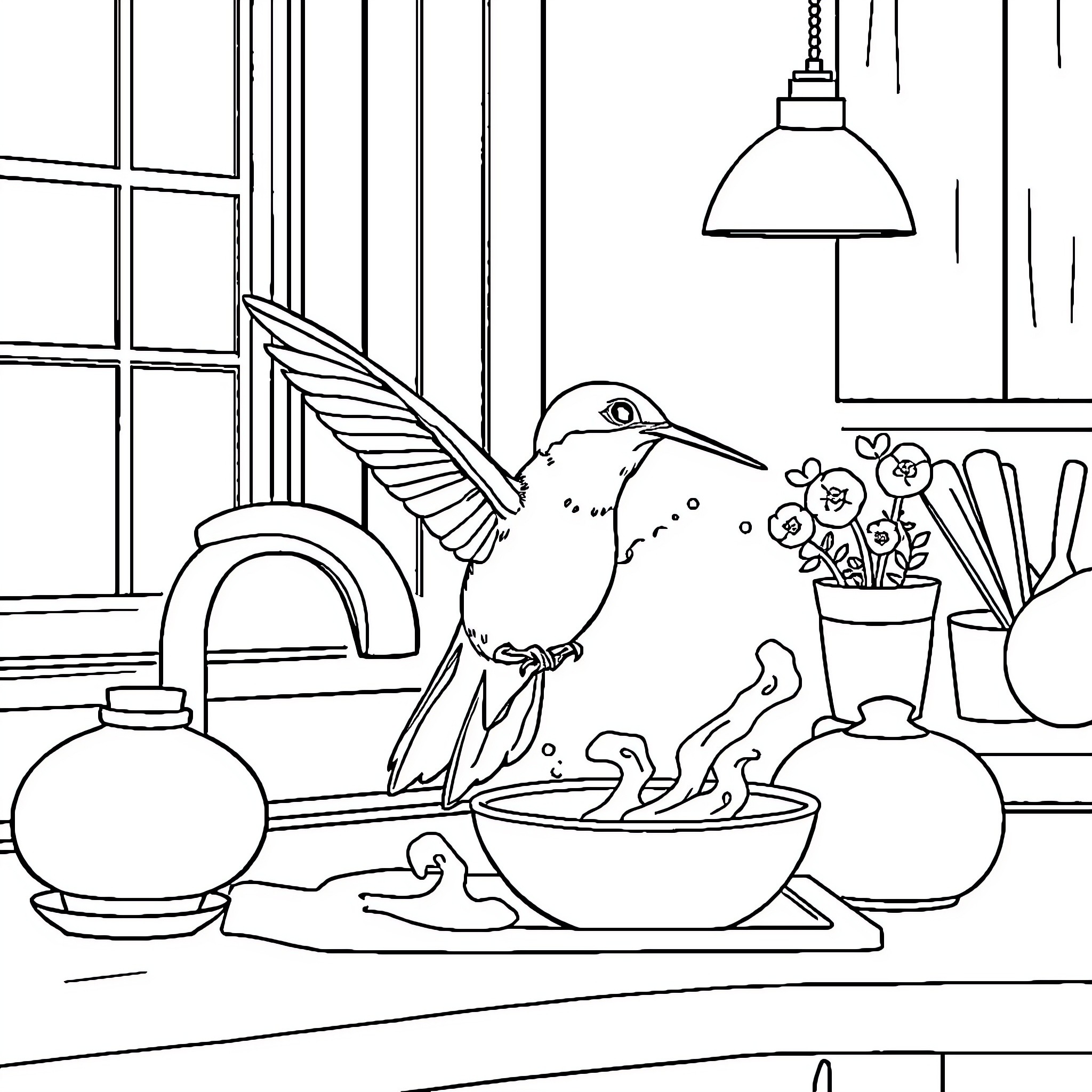 Hummingbird enjoying a bath in a cozy indoor setting Coloring Page (free black-and-white line drawing printable PDF for all, from beginners to advanced learners, including children, teens, adults, and seniors)