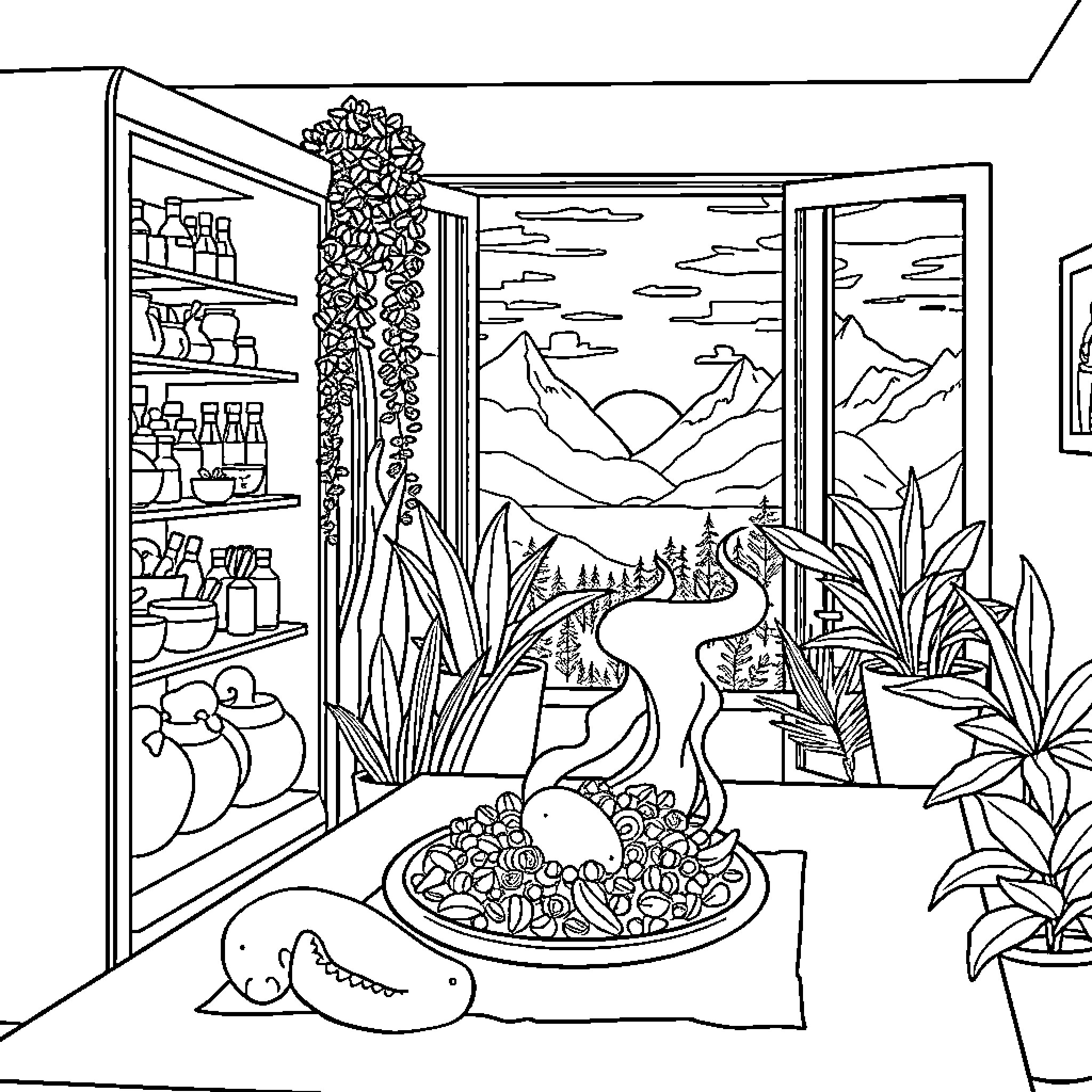 Food Preparation in Cozy Artistic Kitchen Coloring Page (free black-and-white line drawing printable PDF for all, from beginners to advanced learners, including children, teens, adults, and seniors)