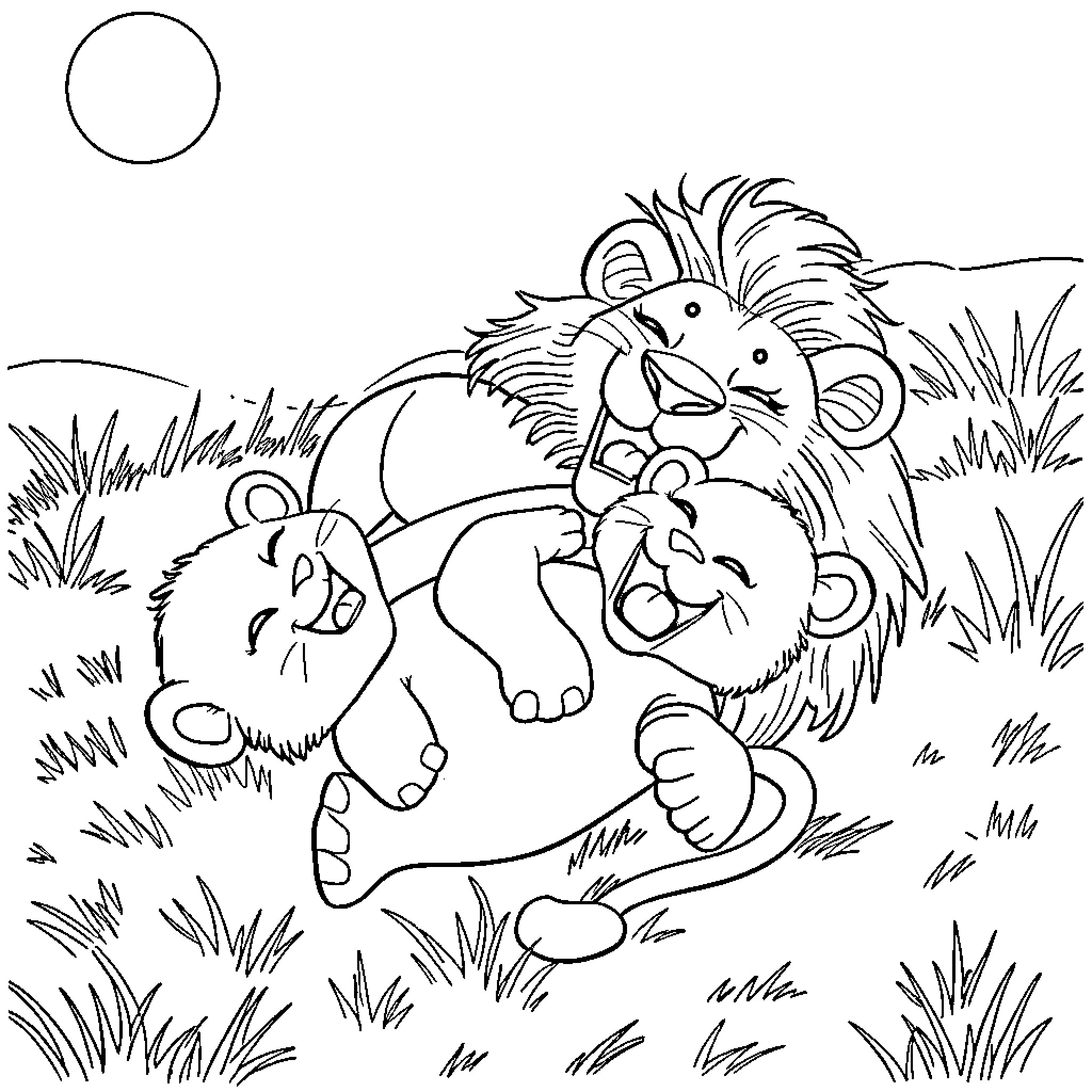 Lion family playing together in the wild Coloring Page (free black-and-white line drawing printable PDF for all, from beginners to advanced learners, including children, teens, adults, and seniors)