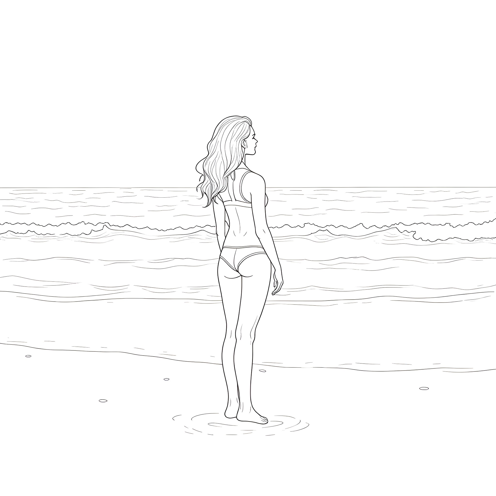 Woman standing in the ocean Coloring Page (free black-and-white line drawing printable PDF for all, from beginners to advanced learners, including children, teens, adults, and seniors)