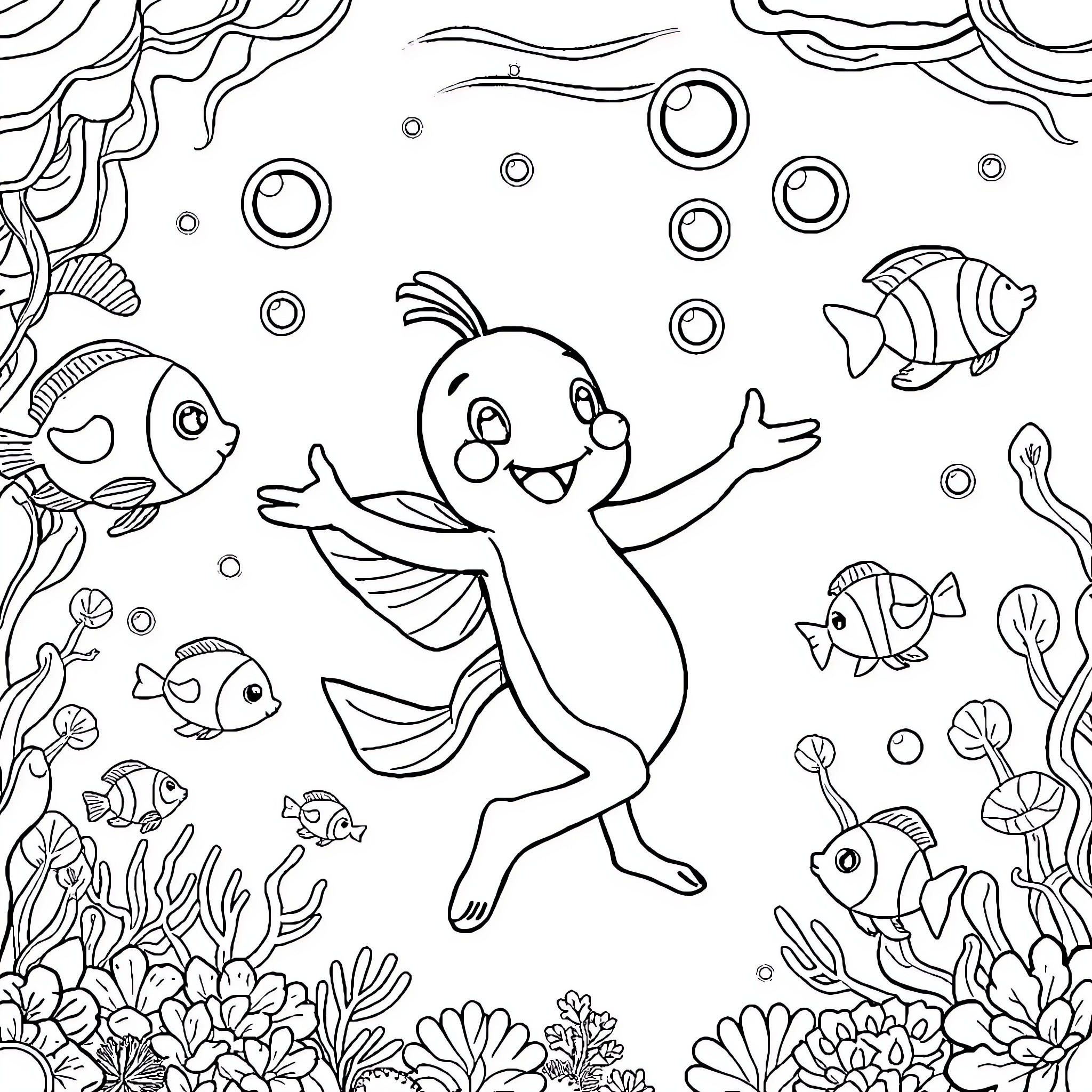Bluey's Underwater Adventure Coloring Page (free black-and-white line drawing printable PDF for all, from beginners to advanced learners, including children, teens, adults, and seniors)