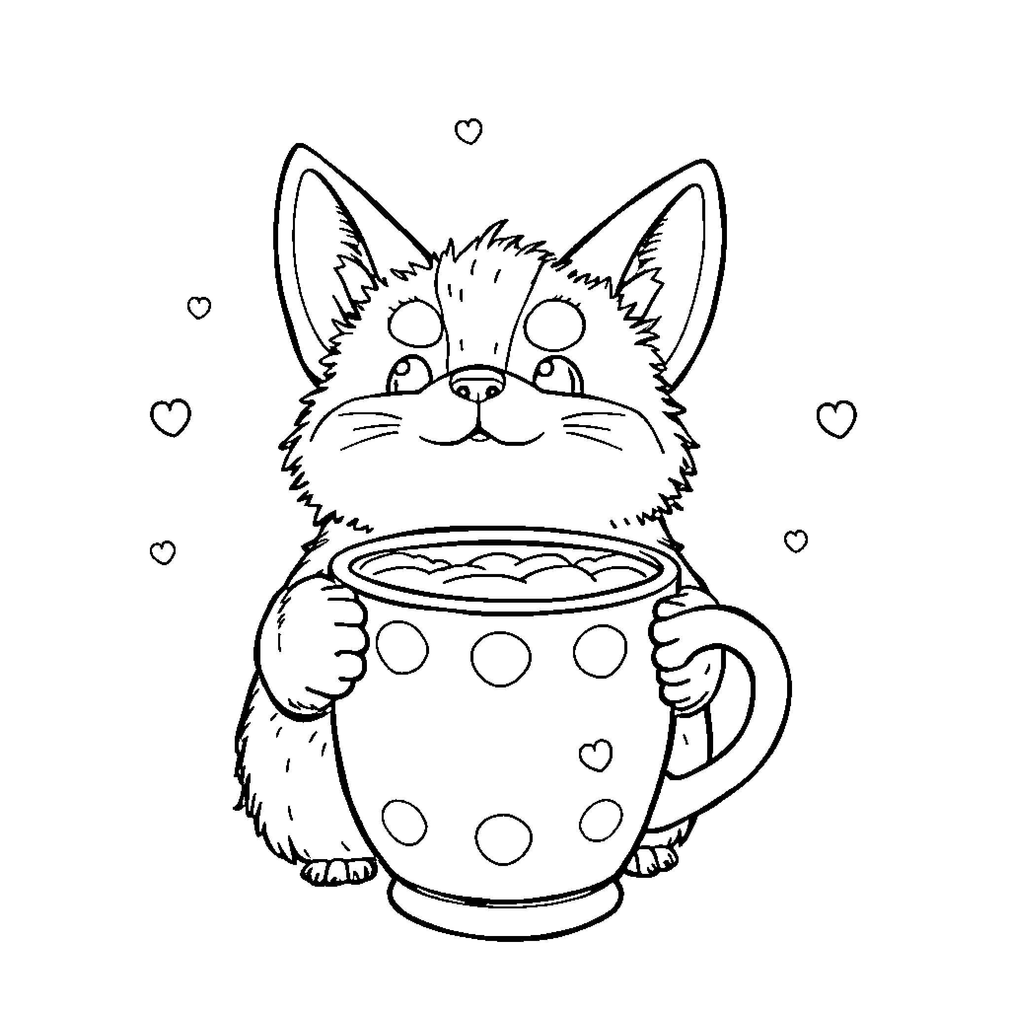 Mogwai enjoying a warm beverage in a polka dot mug Coloring Page (free black-and-white line drawing printable PDF for all, from beginners to advanced learners, including children, teens, adults, and seniors)