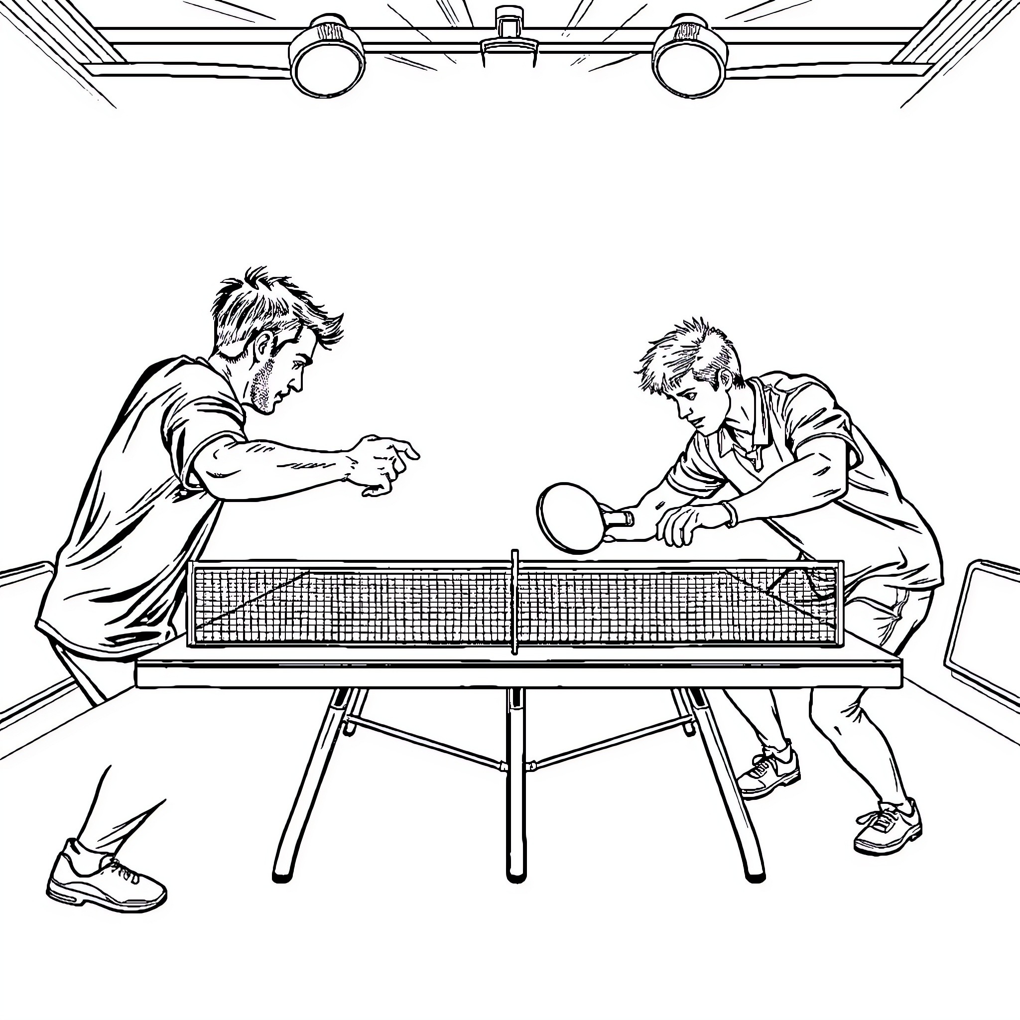 Table Tennis Match With Focused Players Coloring Page (free black-and-white line drawing printable PDF for all, from beginners to advanced learners, including children, teens, adults, and seniors)