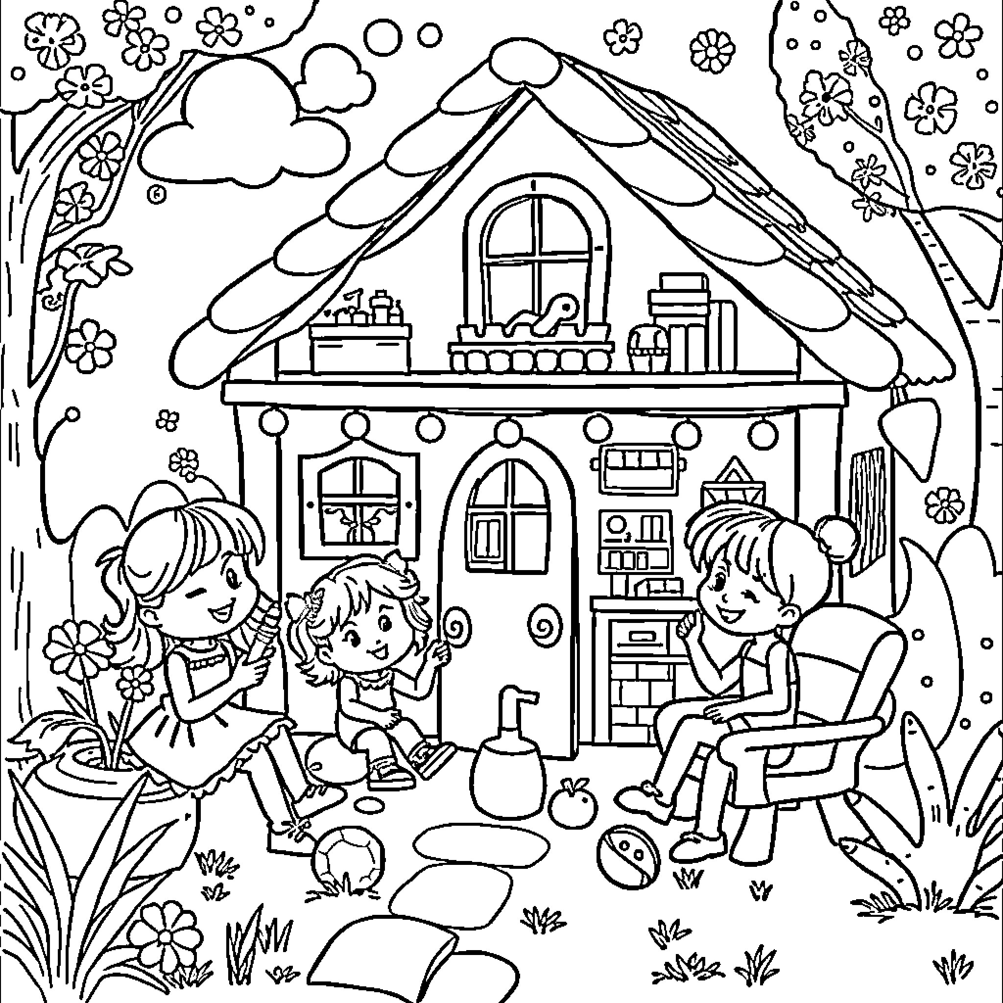 Gabby's Playhouse: Children Engaged in Imaginative Play Coloring Page (free black-and-white line drawing printable PDF for all, from beginners to advanced learners, including children, teens, adults, and seniors)