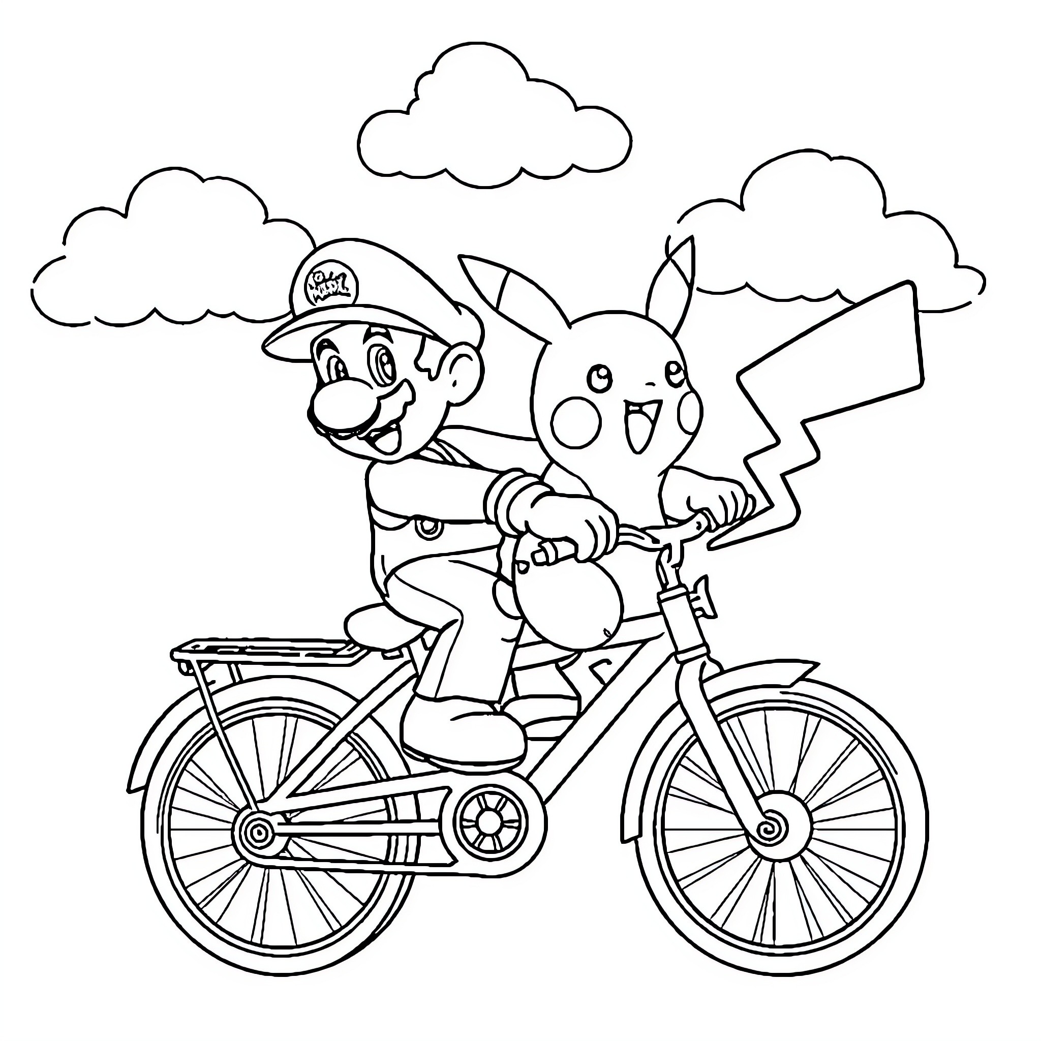 Mario and Pikachu biking through the clouds Coloring Page (free black-and-white line drawing printable PDF for all, from beginners to advanced learners, including children, teens, adults, and seniors)