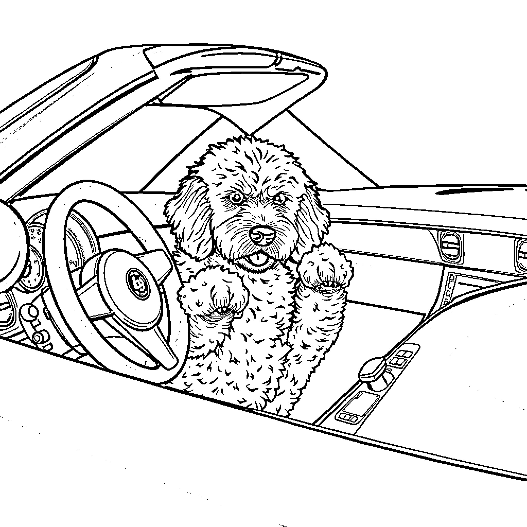 Doodle of a Pup Exploring the Interior of a Car Coloring Page (free black-and-white line drawing printable PDF for all, from beginners to advanced learners, including children, teens, adults, and seniors)