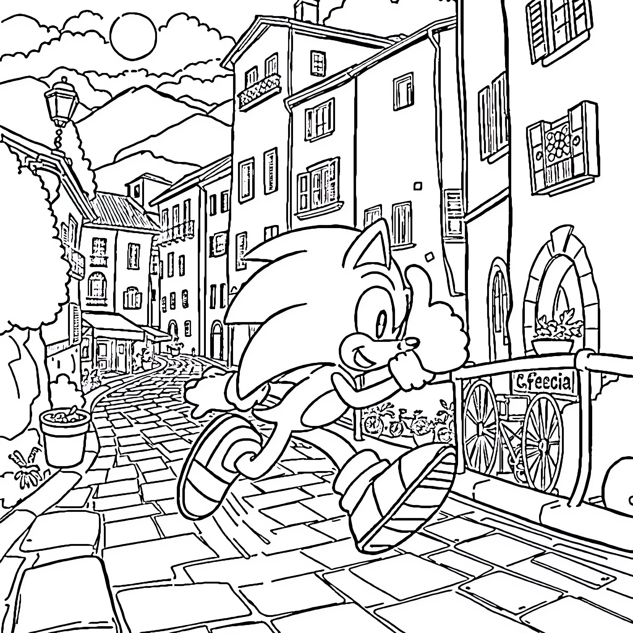 Sonic exploring the town with its cozy buildings Coloring Page (free black-and-white line drawing printable PDF for all, from beginners to advanced learners, including children, teens, adults, and seniors)
