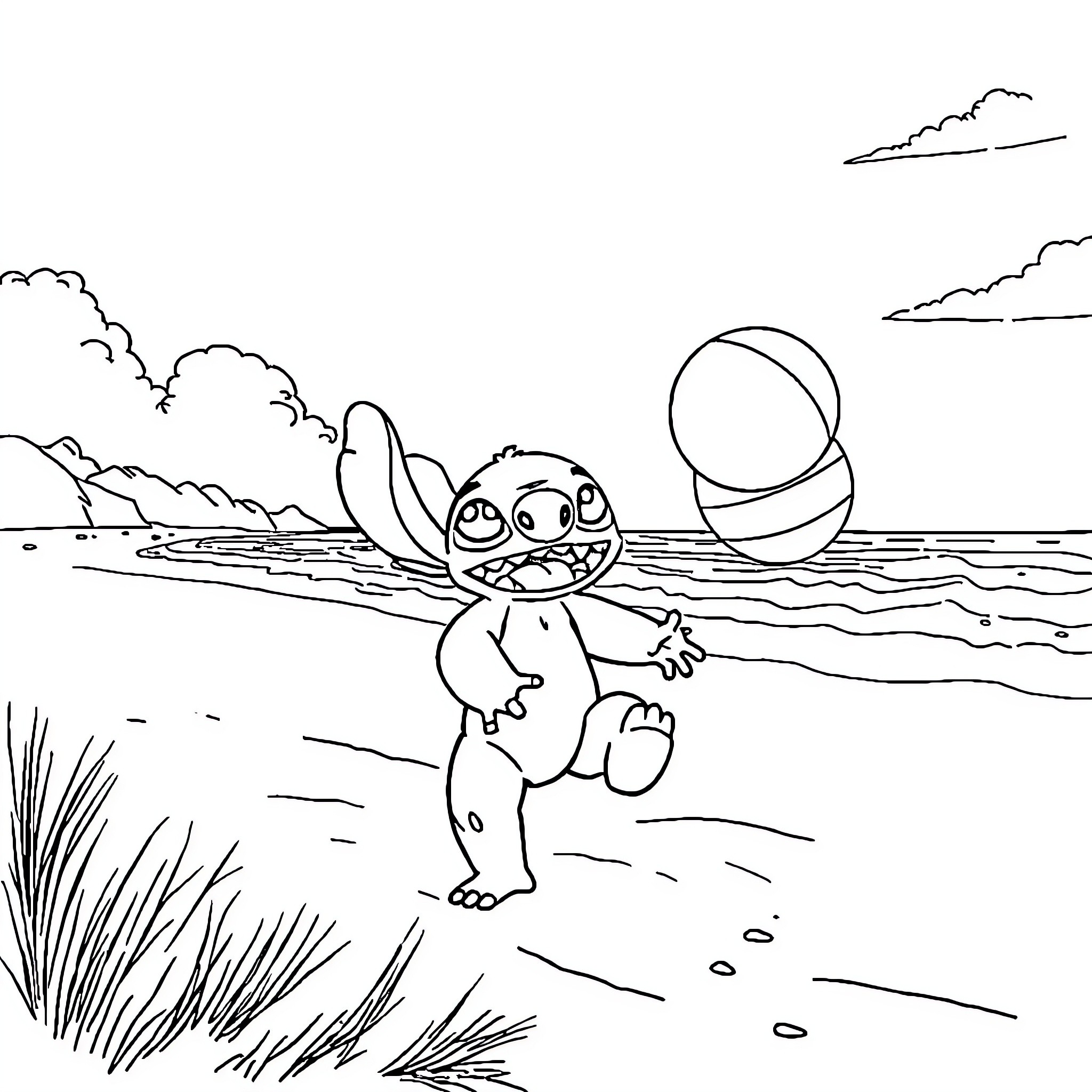 Stitch playing on the beach with a ball Coloring Page (free black-and-white line drawing printable PDF for all, from beginners to advanced learners, including children, teens, adults, and seniors)