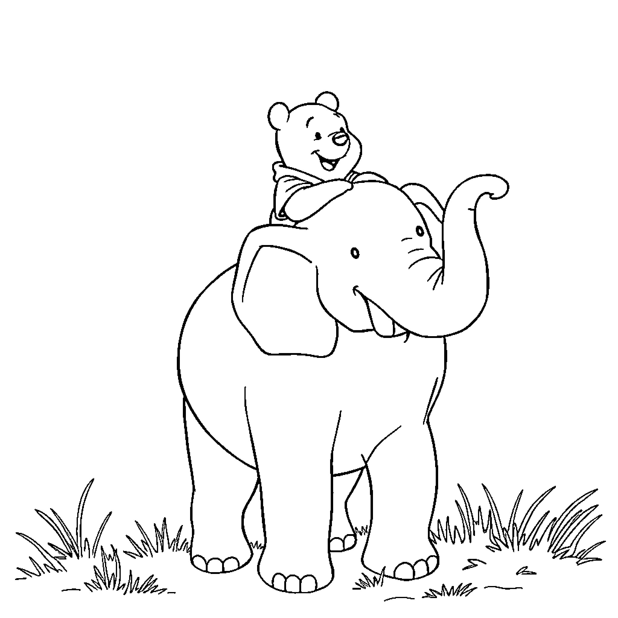 Winnie The Pooh Riding on an Elephant Coloring Page (free black-and-white line drawing printable PDF for all, from beginners to advanced learners, including children, teens, adults, and seniors)