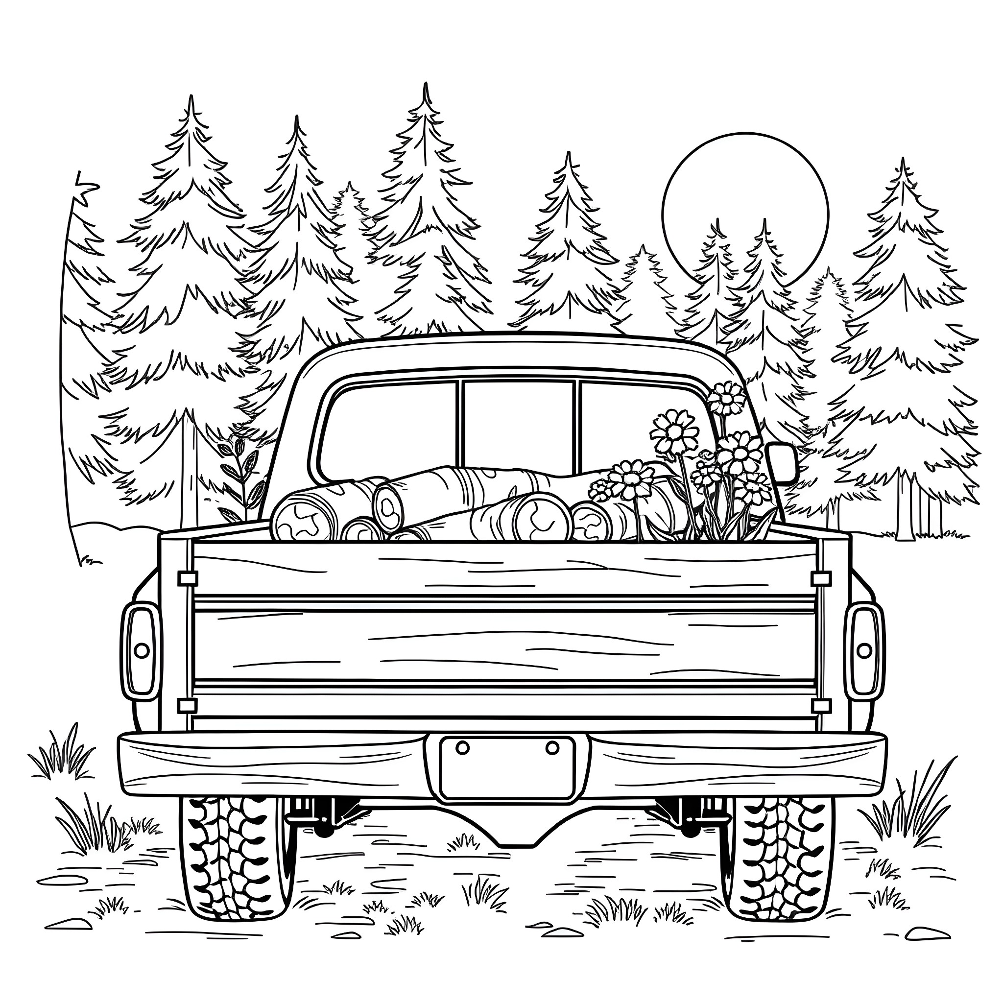 Pickup Truck Carrying Firewood and Flowers in Forest Coloring Page (free black-and-white line drawing printable PDF for all, from beginners to advanced learners, including children, teens, adults, and seniors)