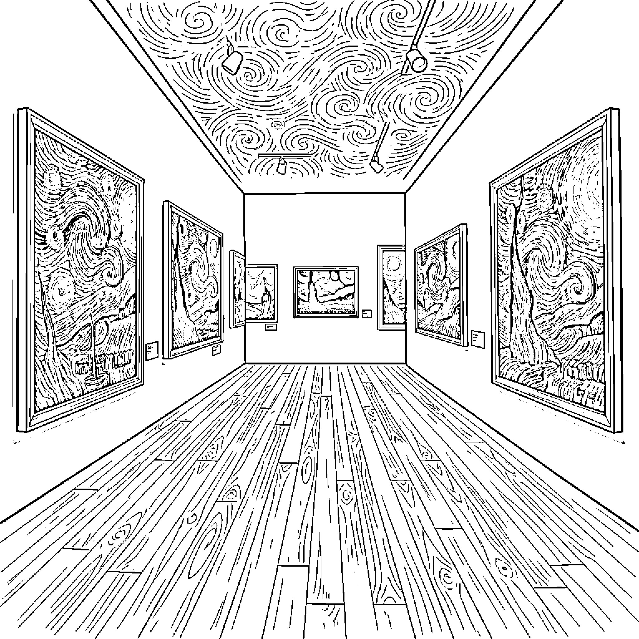 Van Gogh's Artistic Vision in a Gallery Coloring Page (free black-and-white line drawing printable PDF for all, from beginners to advanced learners, including children, teens, adults, and seniors)