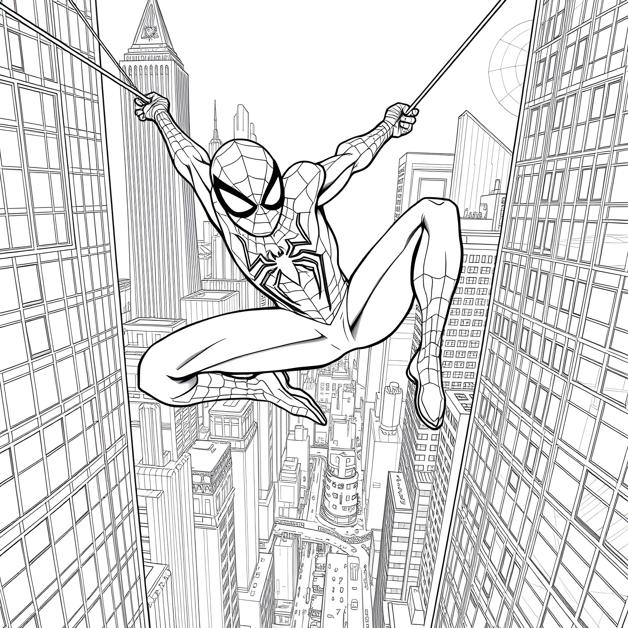 Spiderman swinging through the city skyline Coloring Page (free black-and-white line drawing printable PDF for all, from beginners to advanced learners, including children, teens, adults, and seniors)