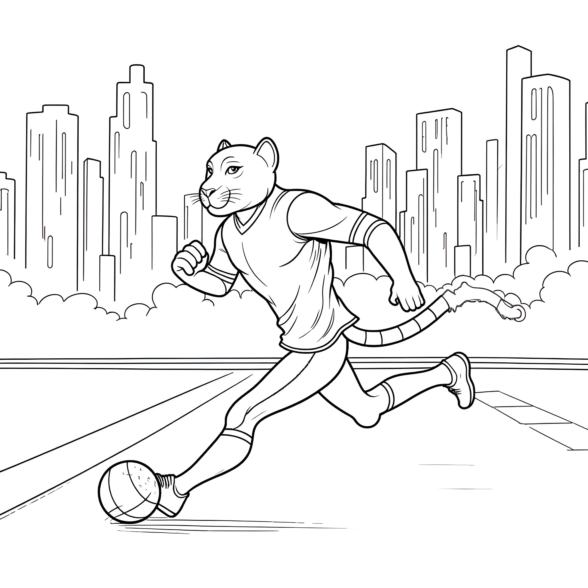 Panther running through the city Coloring Page (free black-and-white line drawing printable PDF for all, from beginners to advanced learners, including children, teens, adults, and seniors)