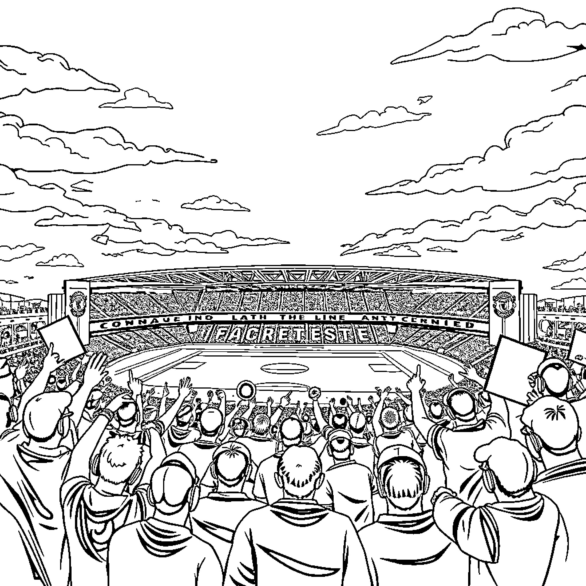 Manchester United fans cheering at the stadium Coloring Page (free black-and-white line drawing printable PDF for all, from beginners to advanced learners, including children, teens, adults, and seniors)