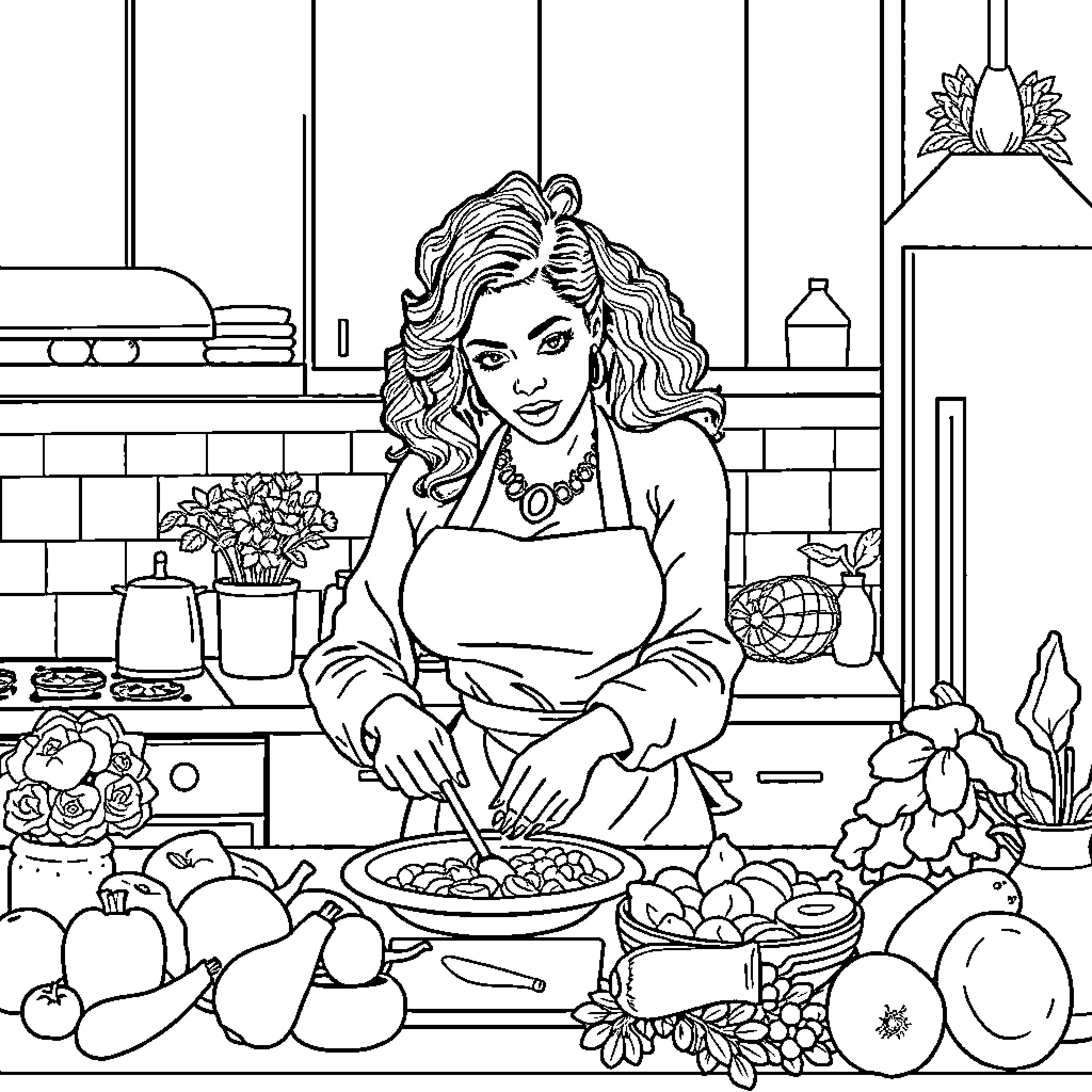 Beyonce cooking a healthy meal in the kitchen Coloring Page (free black-and-white line drawing printable PDF for all, from beginners to advanced learners, including children, teens, adults, and seniors)