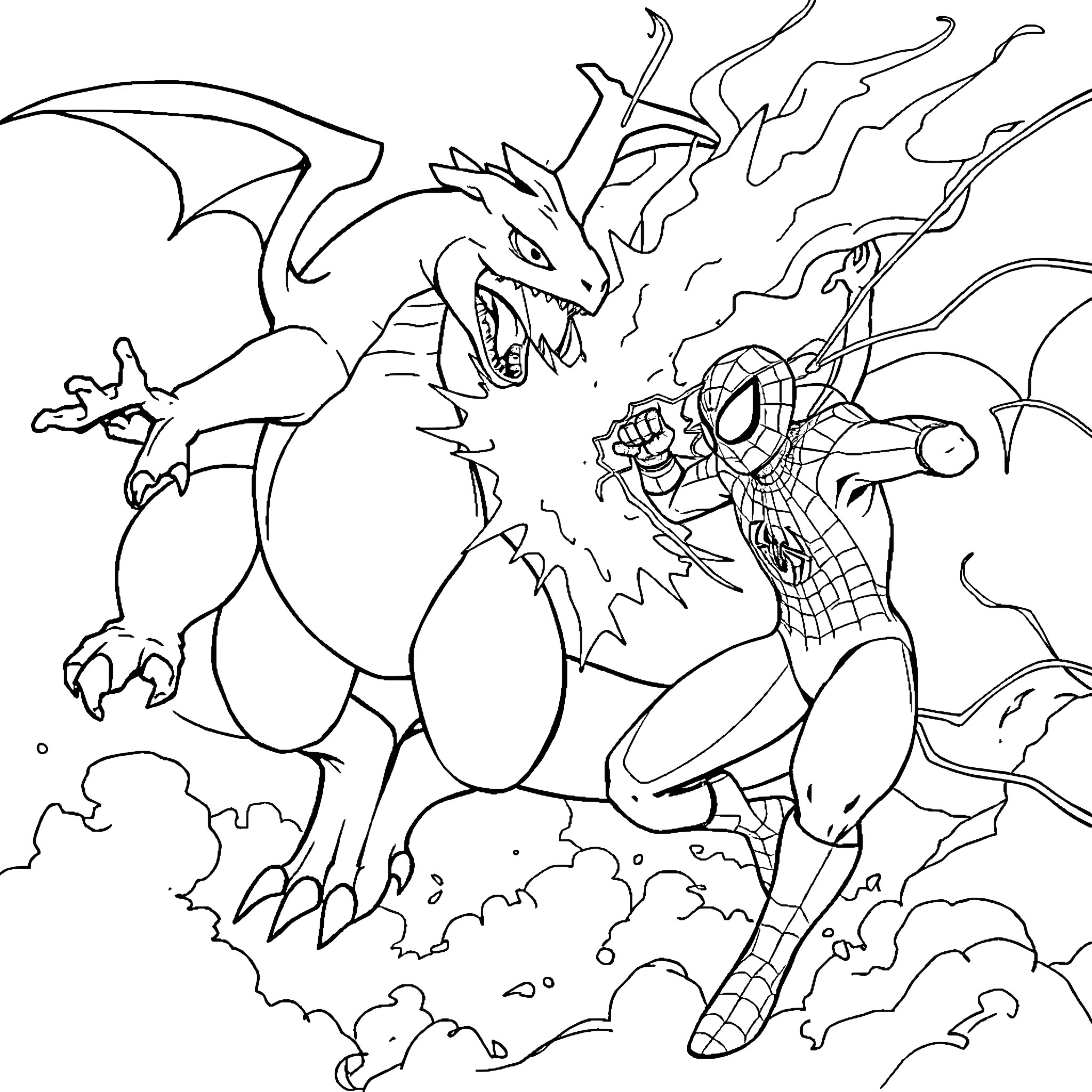 Charizard battling Spider-Man in a fiery showdown Coloring Page (free black-and-white line drawing printable PDF for all, from beginners to advanced learners, including children, teens, adults, and seniors)