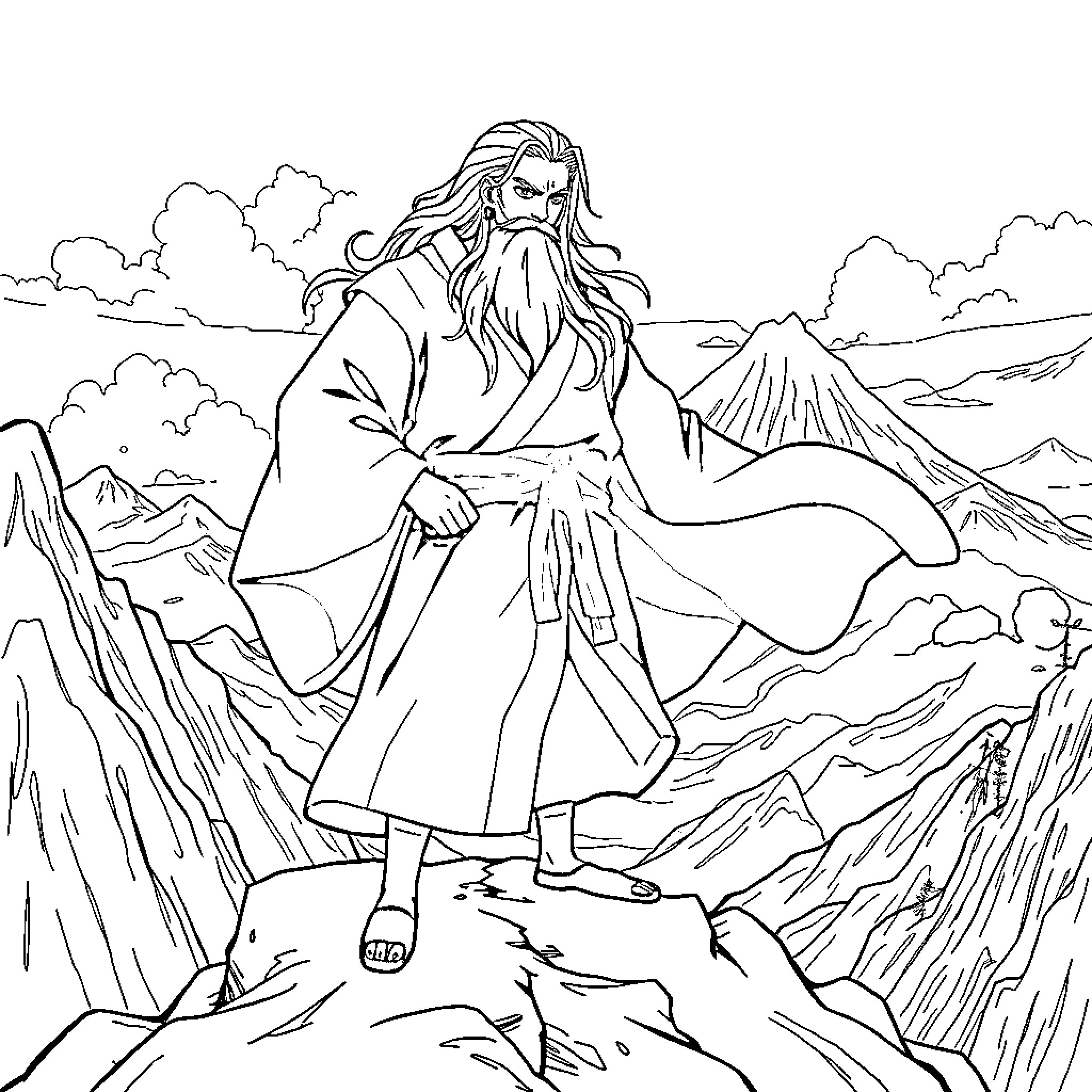 Jiraiya, the Legendary Ninja, in an Adventurous Pose Coloring Page (free black-and-white line drawing printable PDF for all, from beginners to advanced learners, including children, teens, adults, and seniors)