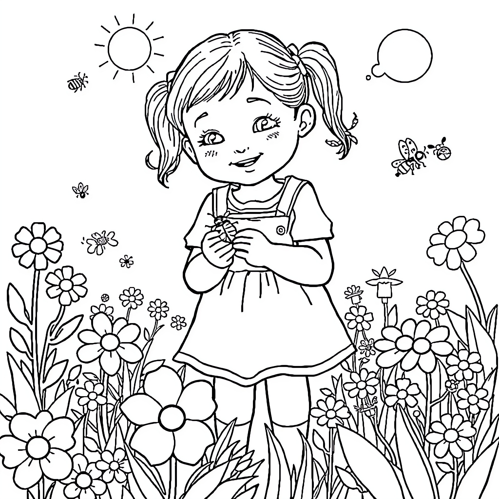 Girl smiling with flowers in outdoor garden Coloring Page (free black-and-white line drawing printable PDF for all, from beginners to advanced learners, including children, teens, adults, and seniors)
