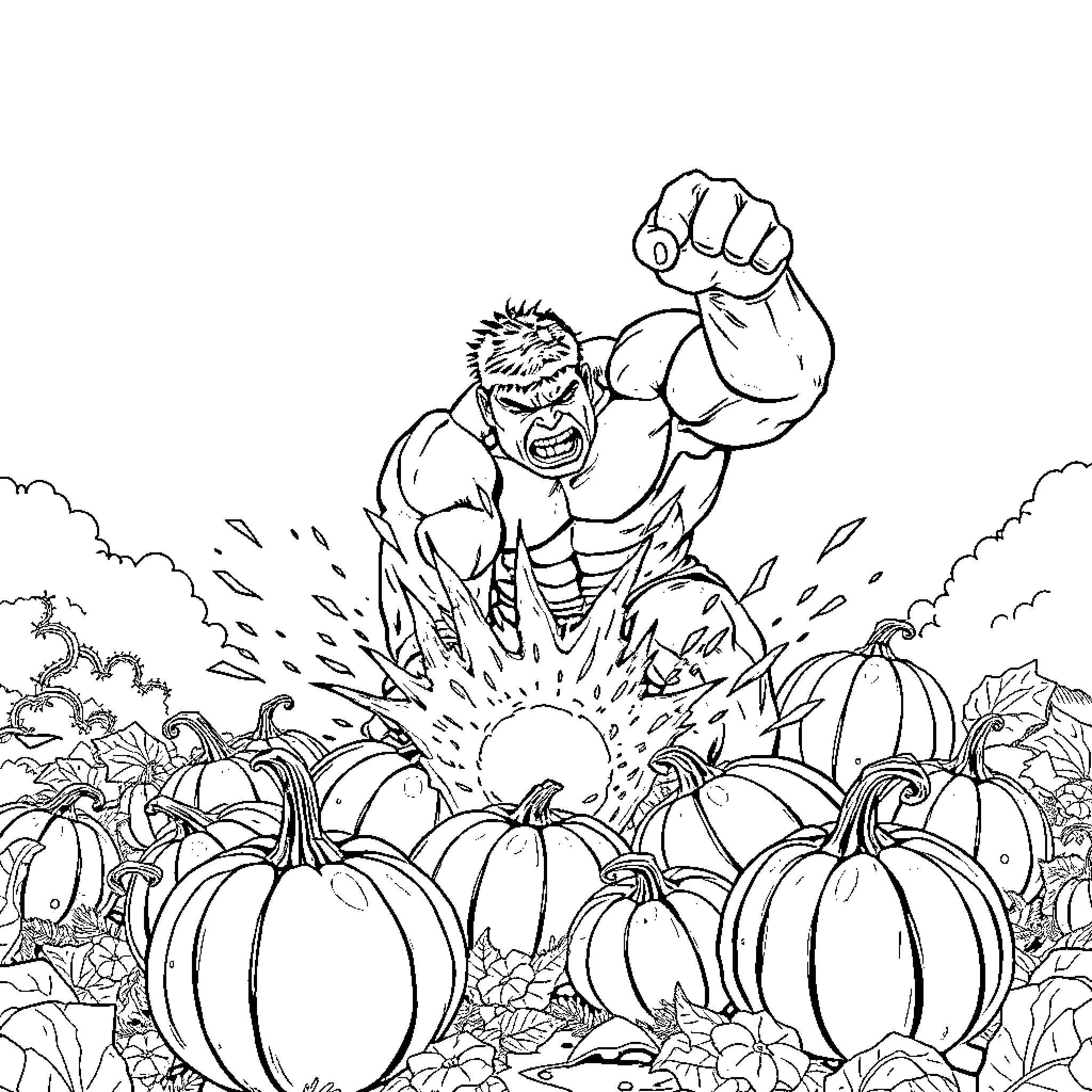 Hulk destroying pumpkins in an autumn scene Coloring Page (free black-and-white line drawing printable PDF for all, from beginners to advanced learners, including children, teens, adults, and seniors)