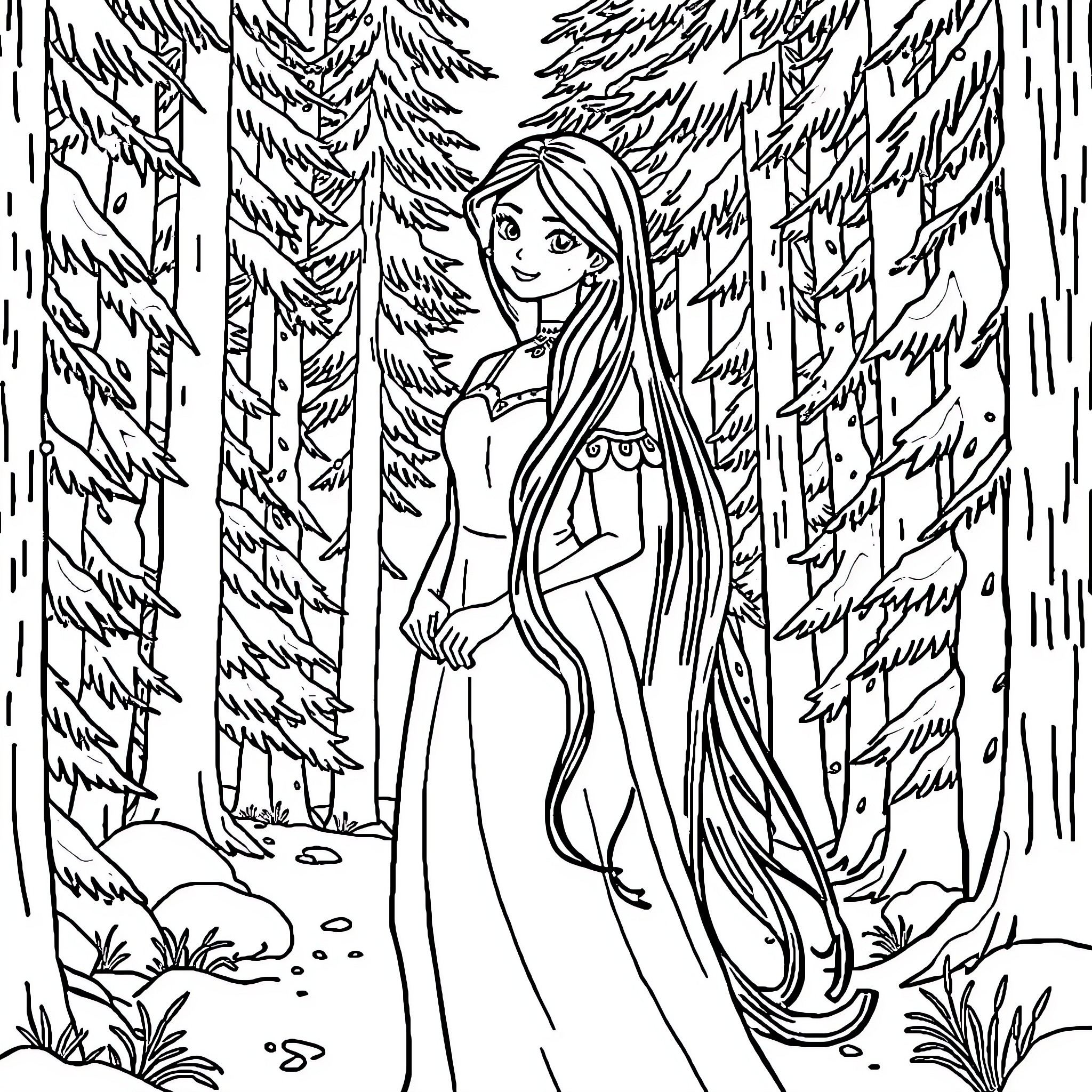 Snow White exploring the enchanted forest Coloring Page (free black-and-white line drawing printable PDF for all, from beginners to advanced learners, including children, teens, adults, and seniors)