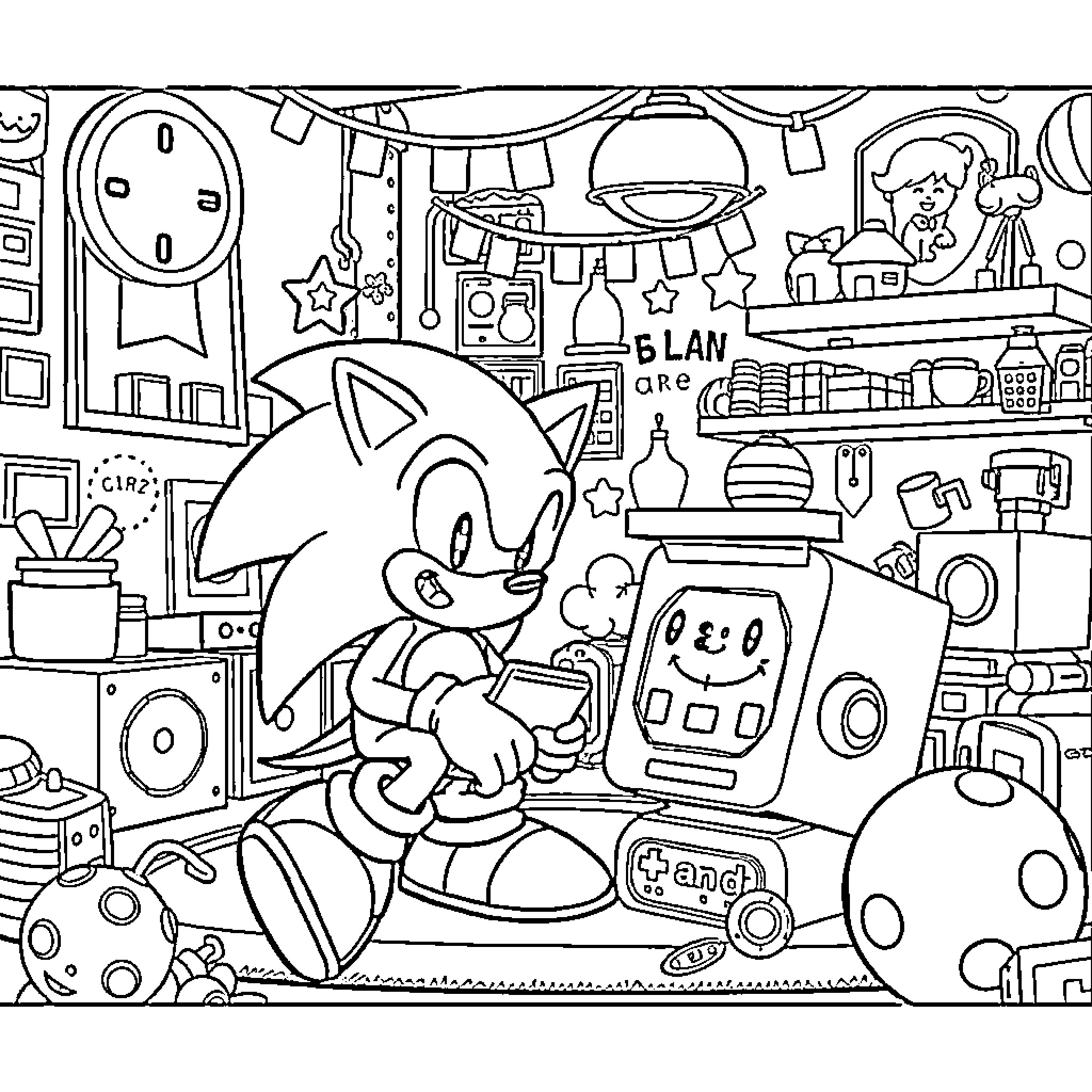 Sonic's Exciting Gadgets and Gizmos Adventure Coloring Page (free black-and-white line drawing printable PDF for all, from beginners to advanced learners, including children, teens, adults, and seniors)