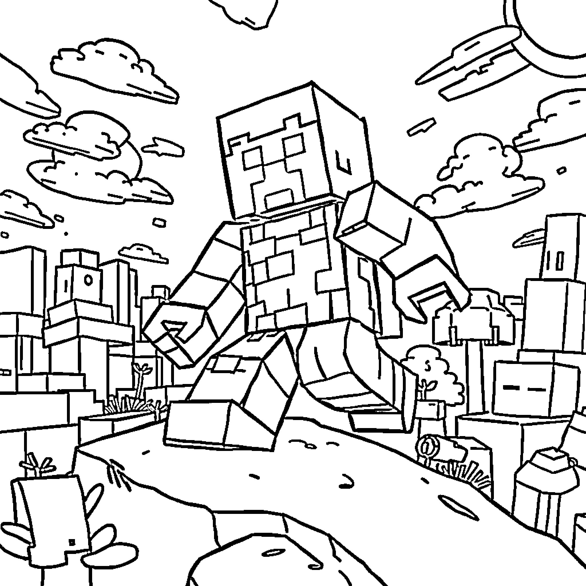 Minecraft characters exploring a blocky, urban landscape Coloring Page (free black-and-white line drawing printable PDF for all, from beginners to advanced learners, including children, teens, adults, and seniors)