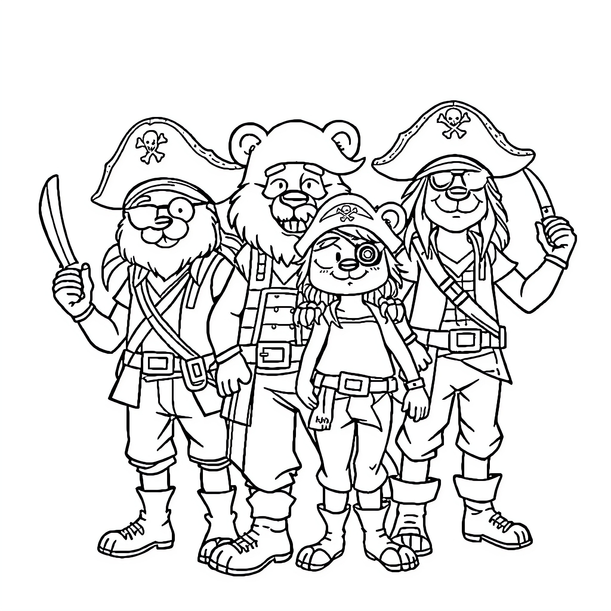 Bear Pirates Posing Together in Costume Coloring Page (free black-and-white line drawing printable PDF for all, from beginners to advanced learners, including children, teens, adults, and seniors)