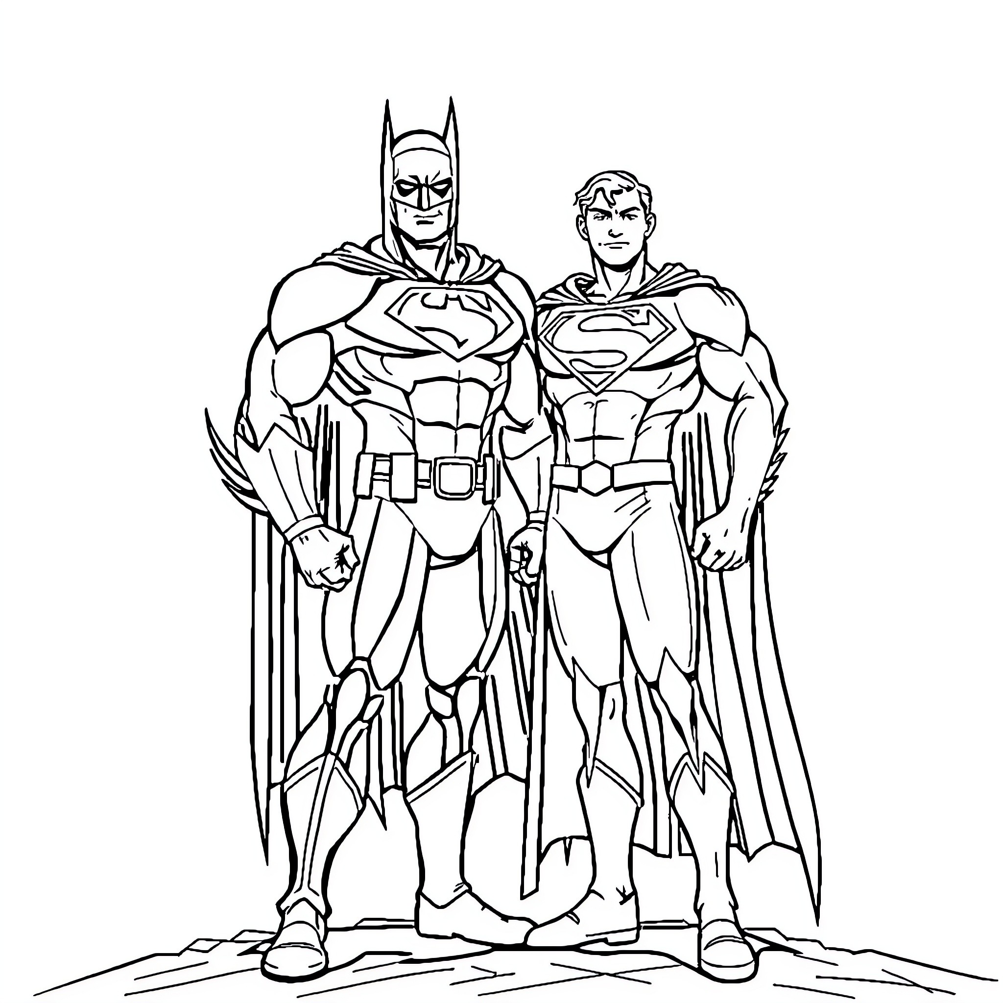 Batman and Superman in heroic poses Coloring Page (free black-and-white line drawing printable PDF for all, from beginners to advanced learners, including children, teens, adults, and seniors)