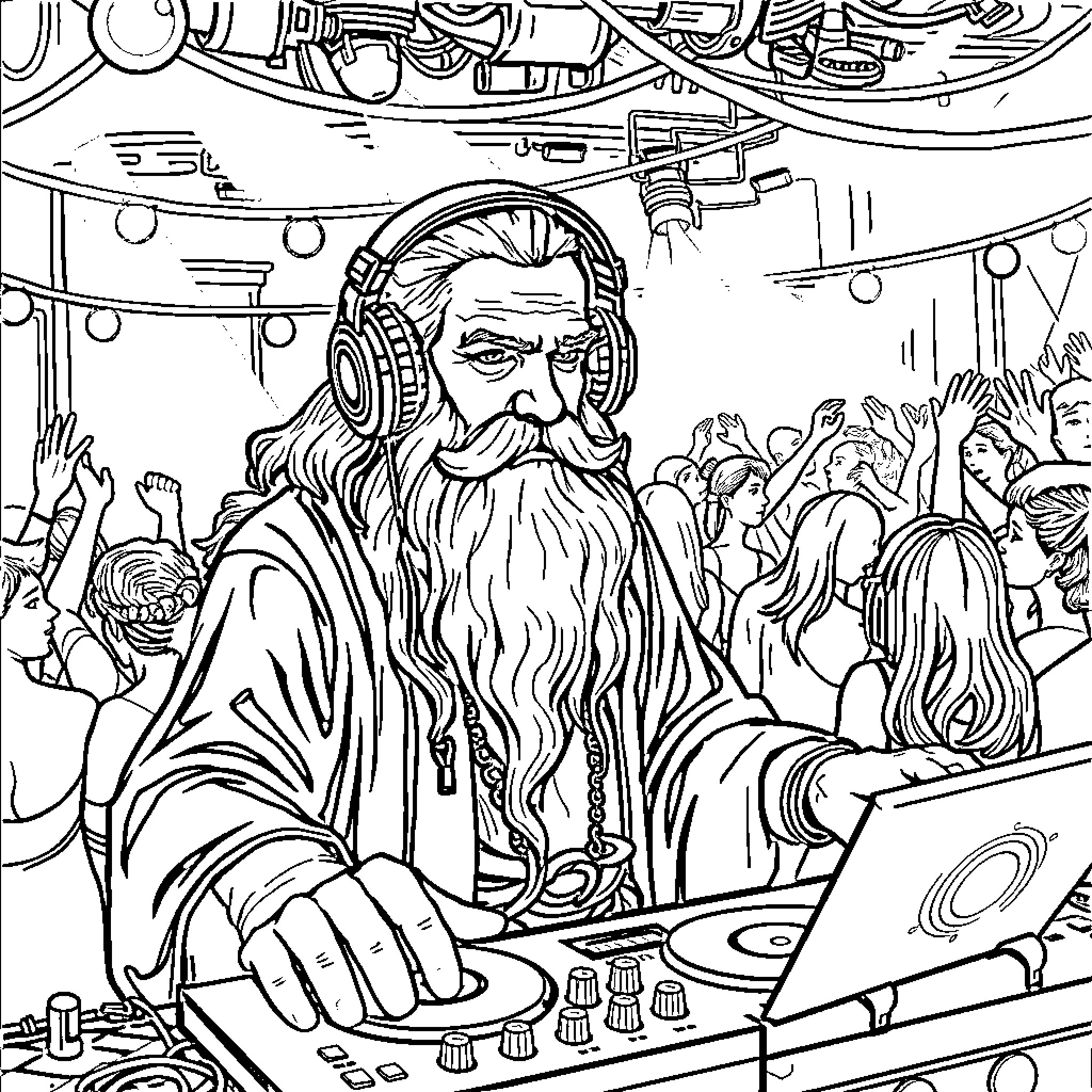 Gandalf the Wizard Entertaining the Crowd with Music and Magic Coloring Page (free black-and-white line drawing printable PDF for all, from beginners to advanced learners, including children, teens, adults, and seniors)