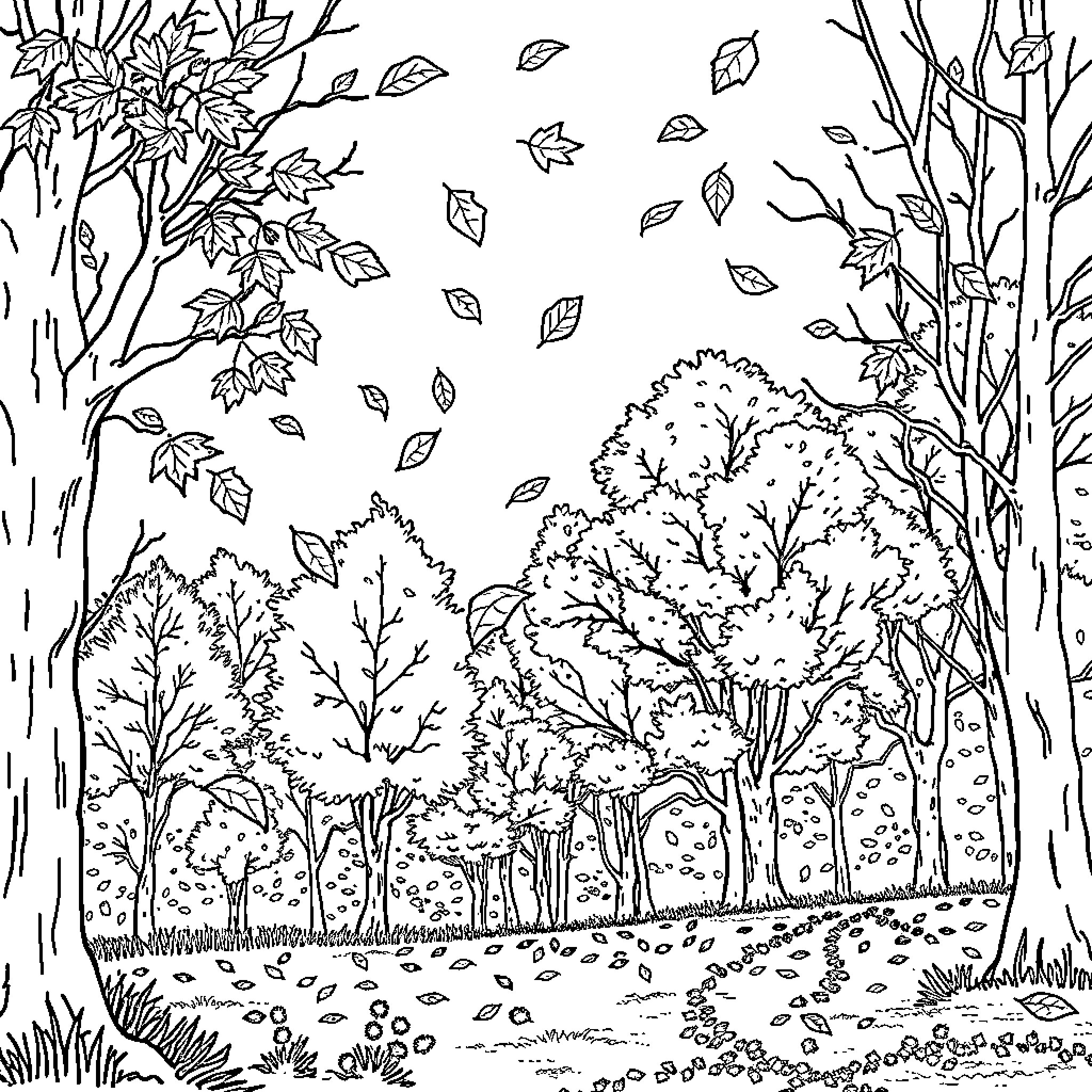 Leaf-filled Autumn Landscape with Falling Foliage Coloring Page (free black-and-white line drawing printable PDF for all, from beginners to advanced learners, including children, teens, adults, and seniors)