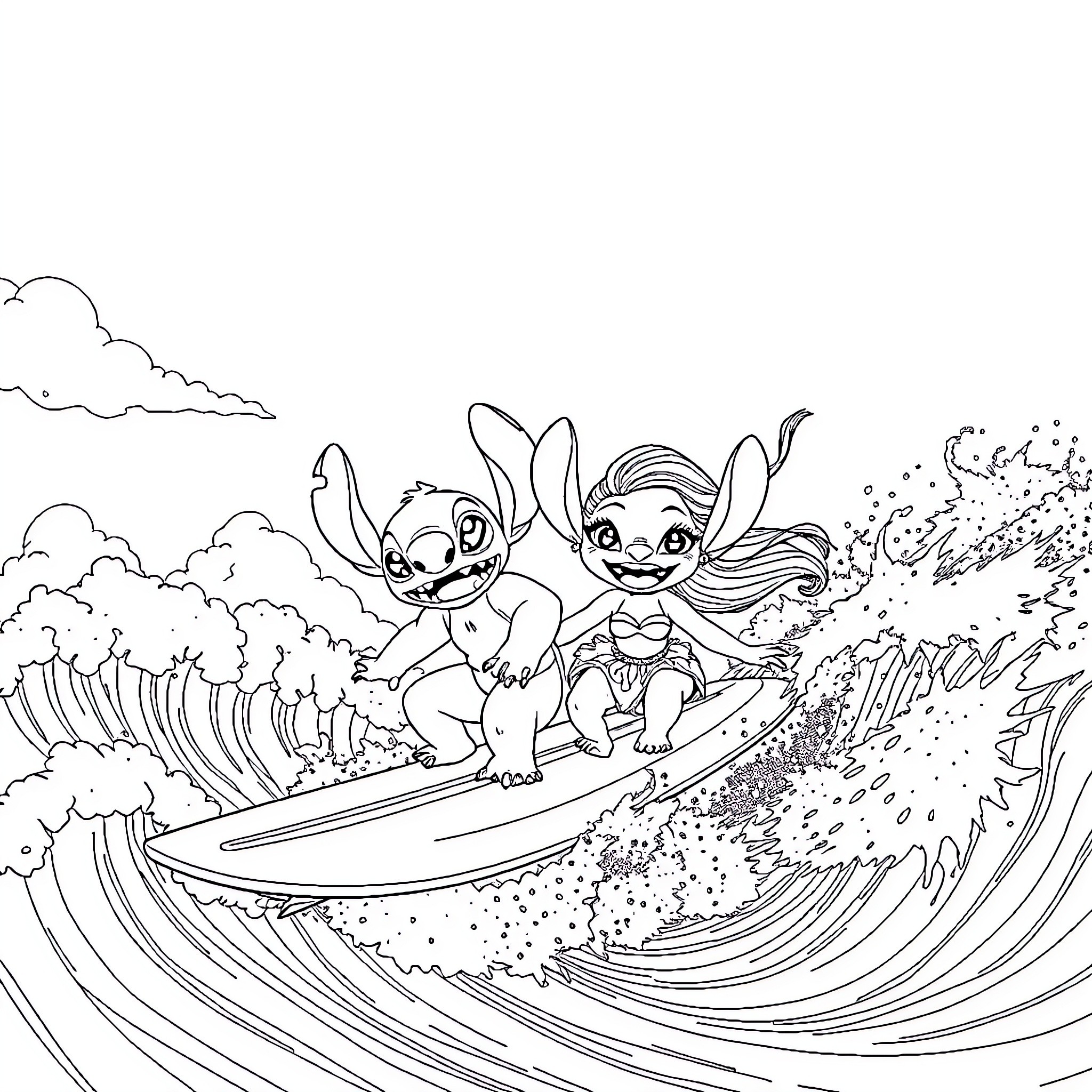 Stitch and Angel surfing on waves Coloring Page (free black-and-white line drawing printable PDF for all, from beginners to advanced learners, including children, teens, adults, and seniors)