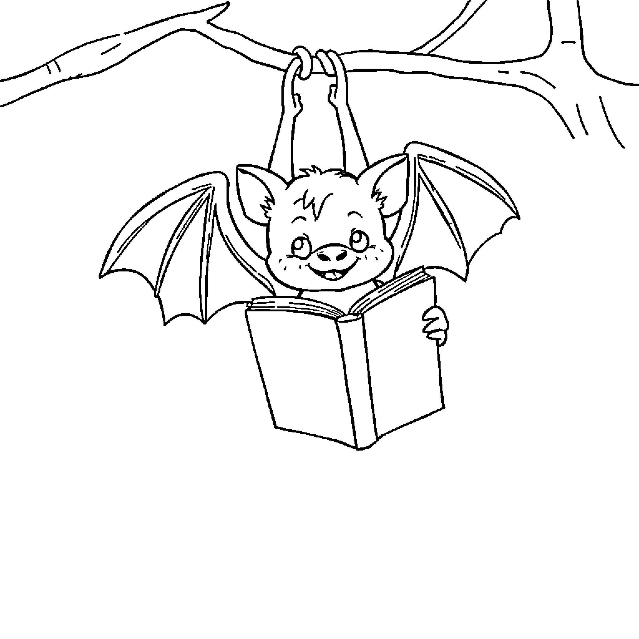 Bat reading a book happily Coloring Page (free black-and-white line drawing printable PDF for all, from beginners to advanced learners, including children, teens, adults, and seniors)
