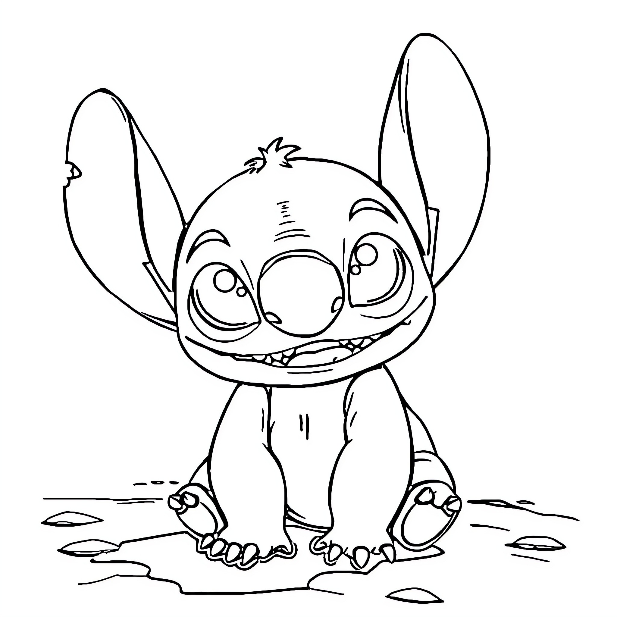 Stitch sitting in a puddle with a mischievous expression Coloring Page (free black-and-white line drawing printable PDF for all, from beginners to advanced learners, including children, teens, adults, and seniors)