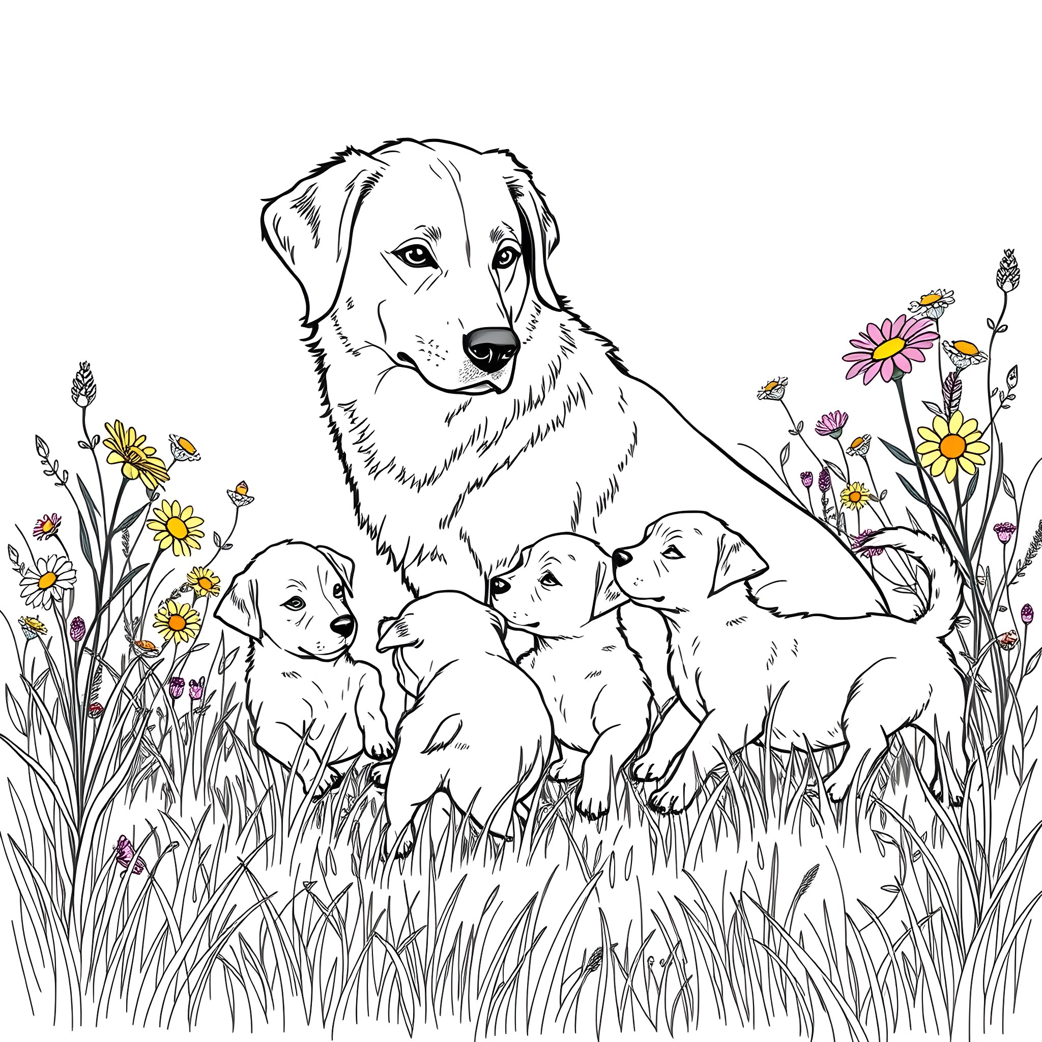 Dog and Puppies Playing in Flower Garden Coloring Page (free black-and-white line drawing printable PDF for all, from beginners to advanced learners, including children, teens, adults, and seniors)
